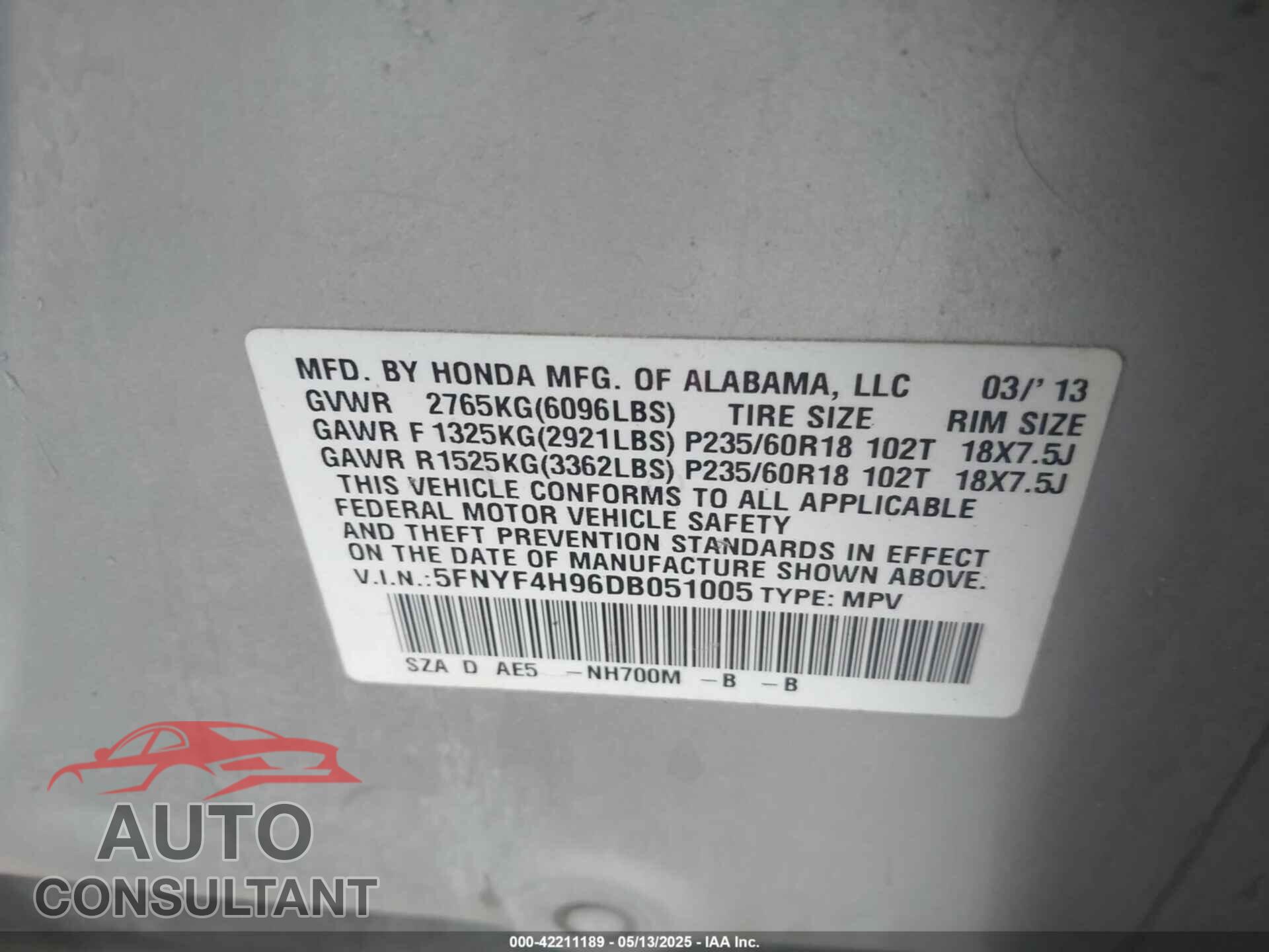 HONDA PILOT 2013 - 5FNYF4H96DB051005