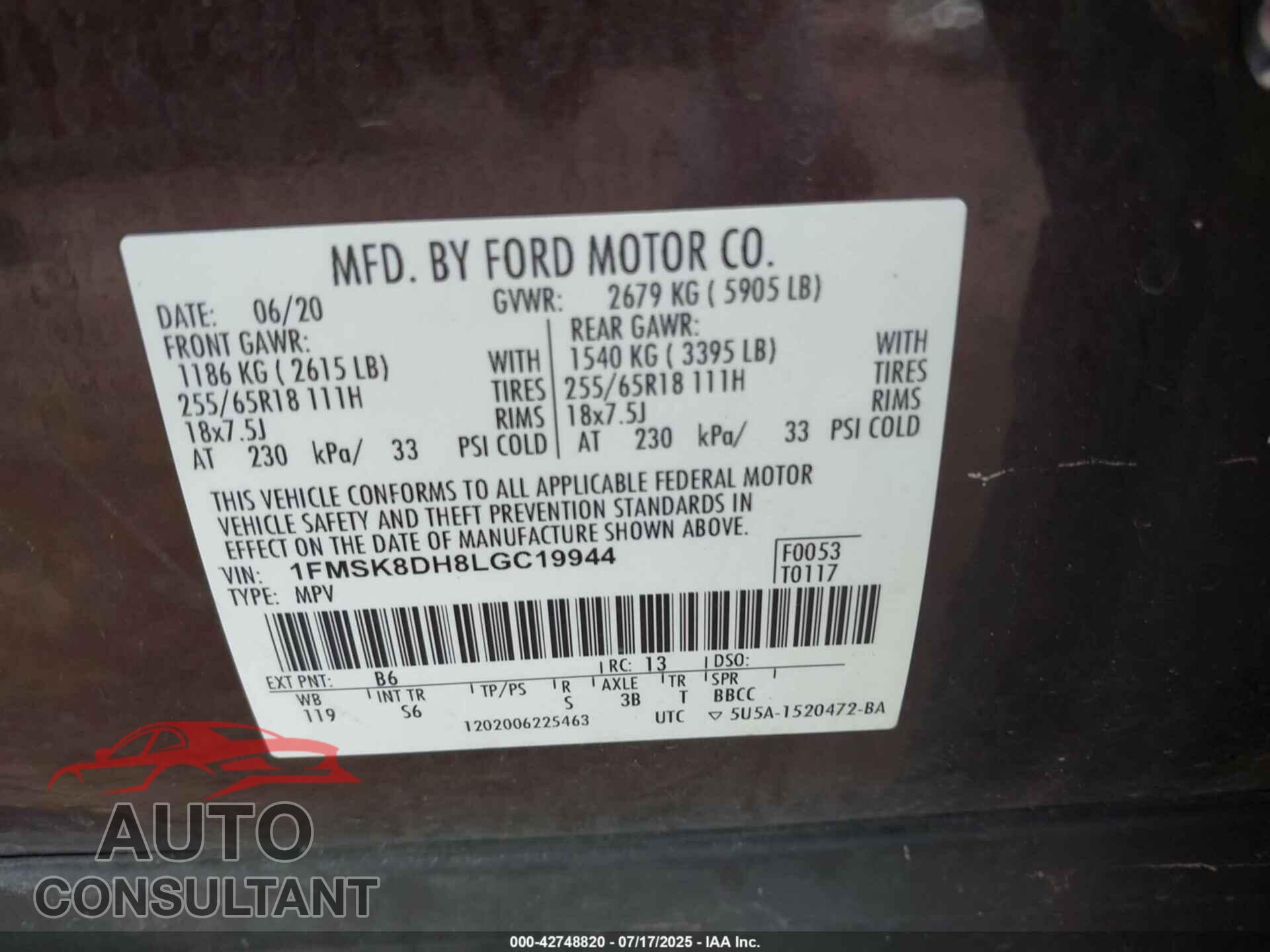 FORD EXPLORER 2020 - 1FMSK8DH8LGC19944