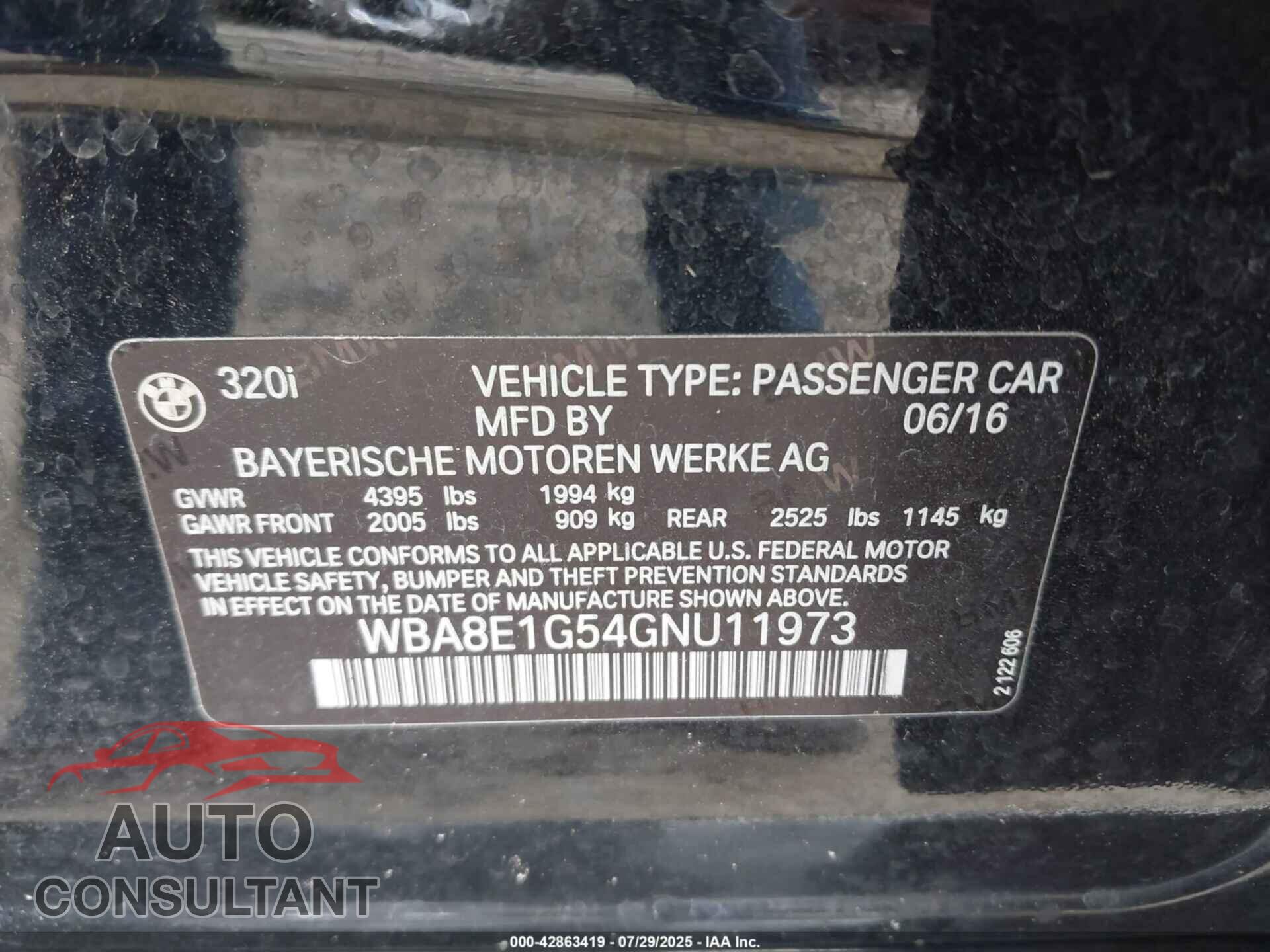 BMW 320I 2016 - WBA8E1G54GNU11973