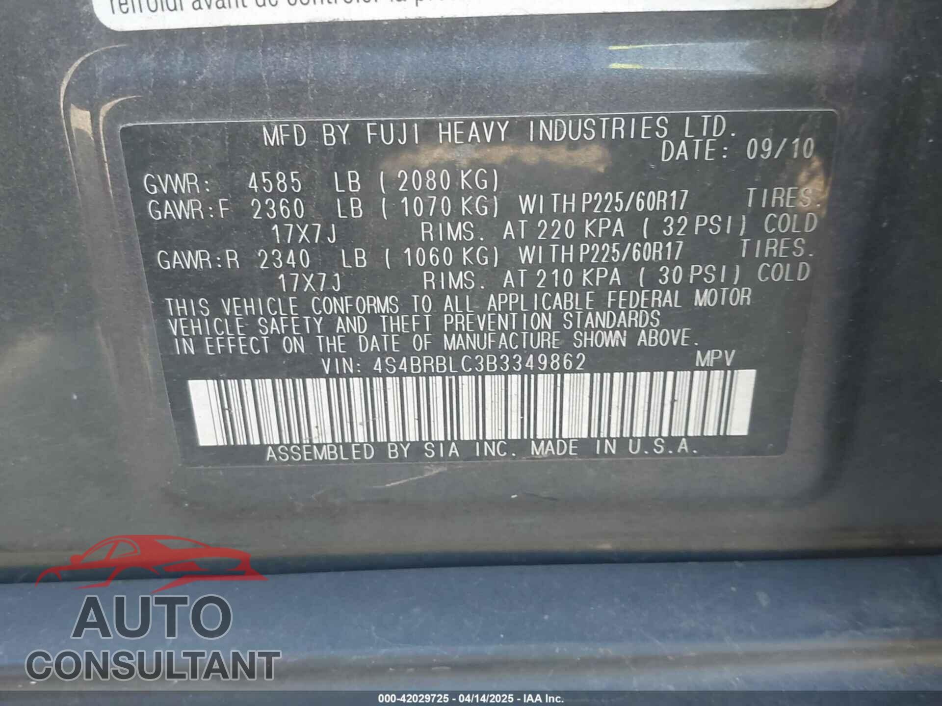 SUBARU OUTBACK 2011 - 4S4BRBLC3B3349862