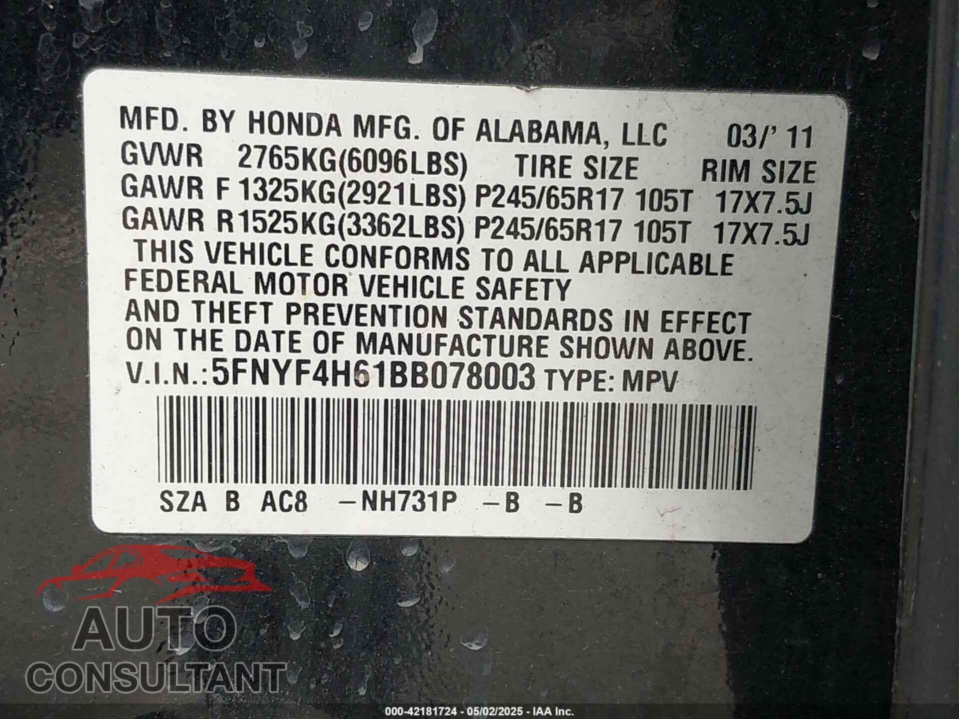 HONDA PILOT 2011 - 5FNYF4H61BB078003