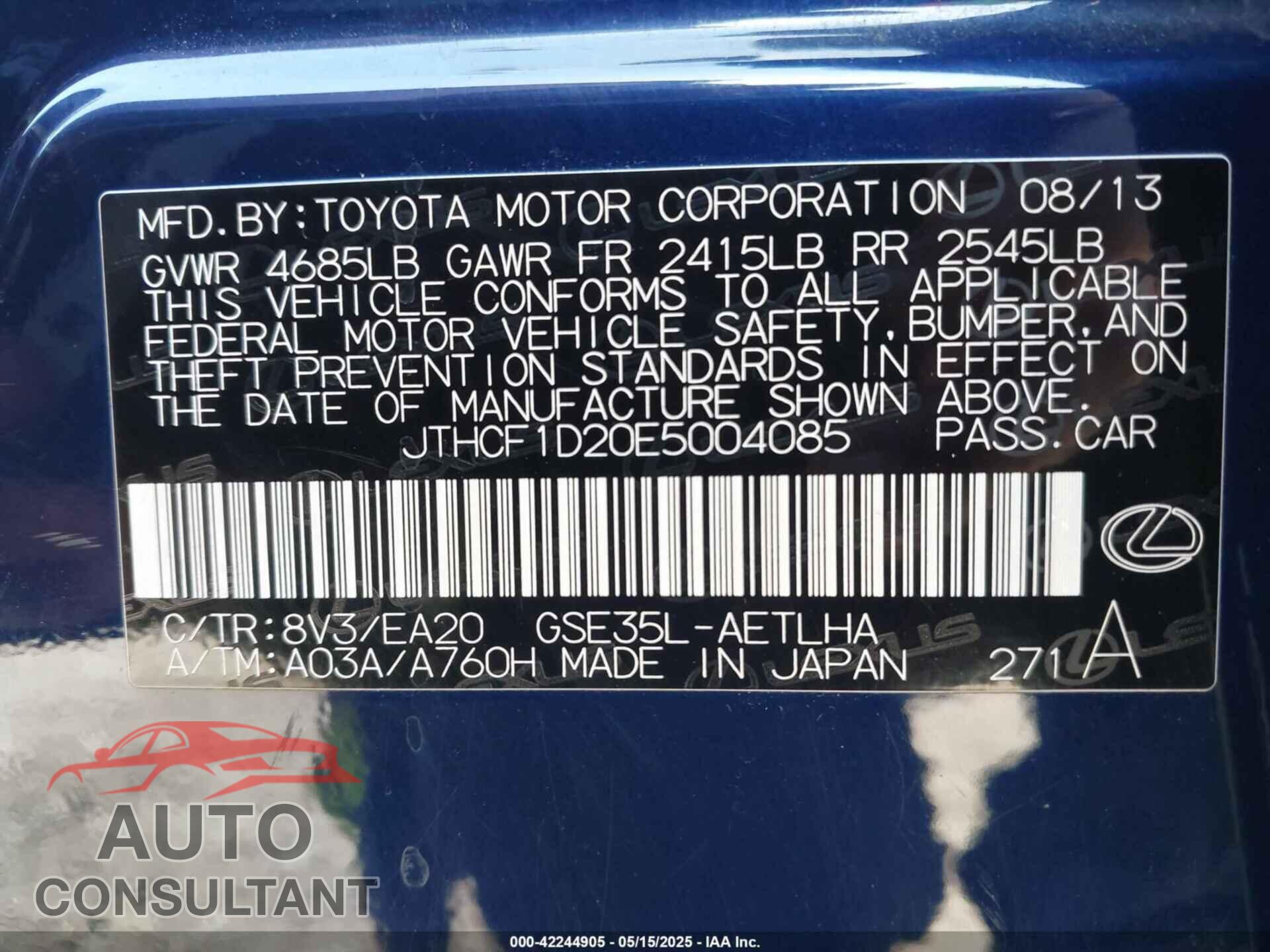 LEXUS IS 250 2014 - JTHCF1D20E5004085