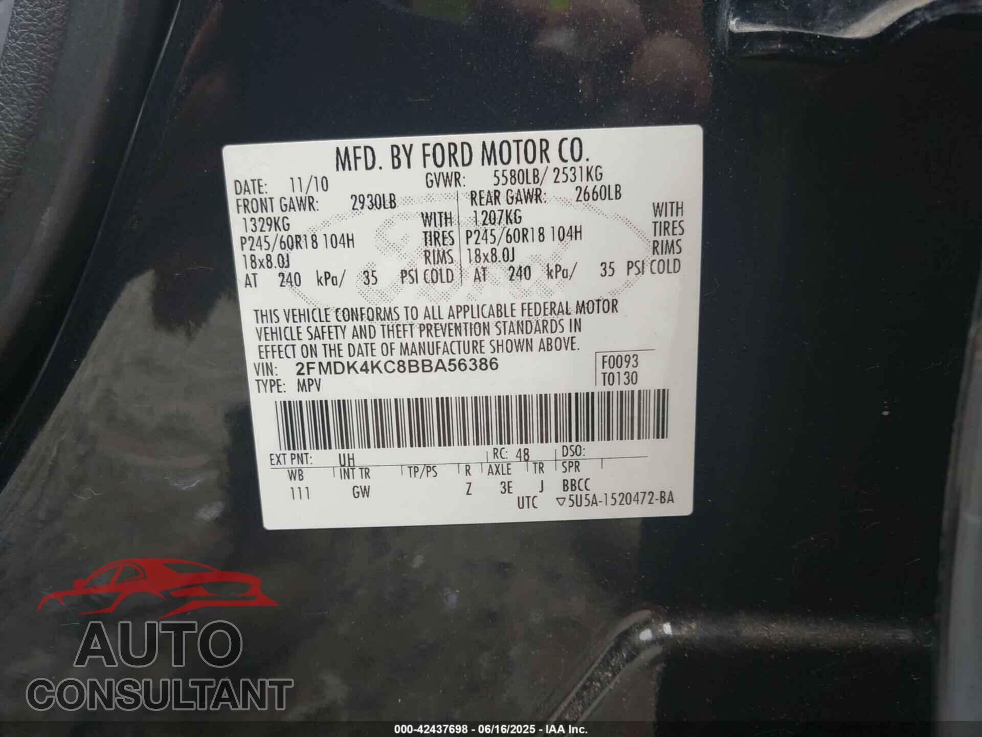 FORD EDGE 2011 - 2FMDK4KC8BBA56386