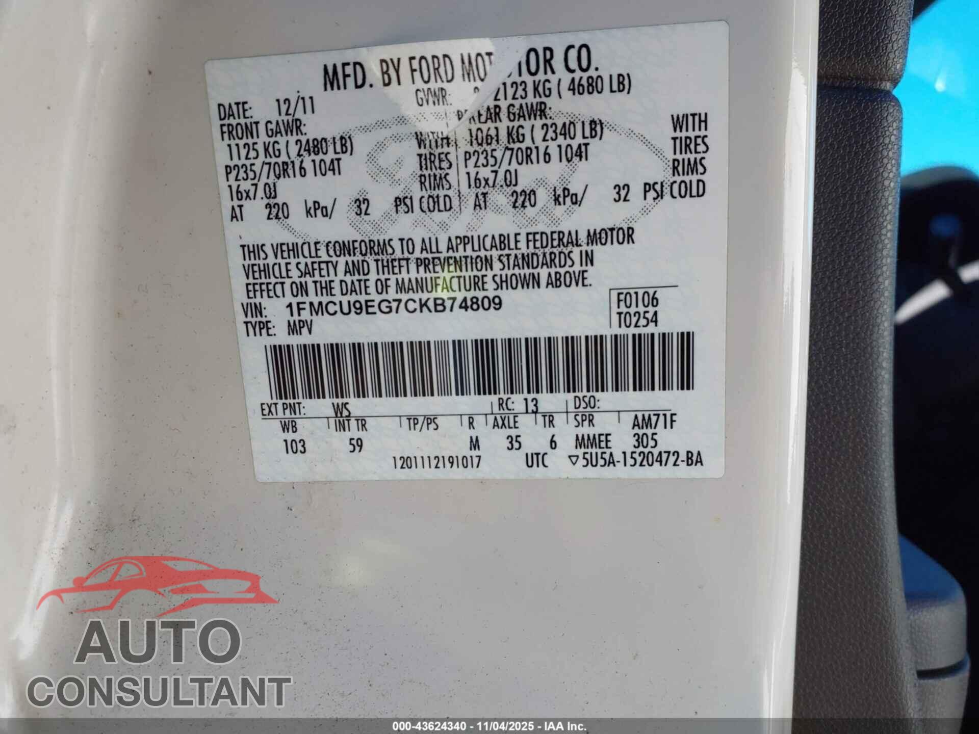 FORD ESCAPE 2012 - 1FMCU9EG7CKB74809