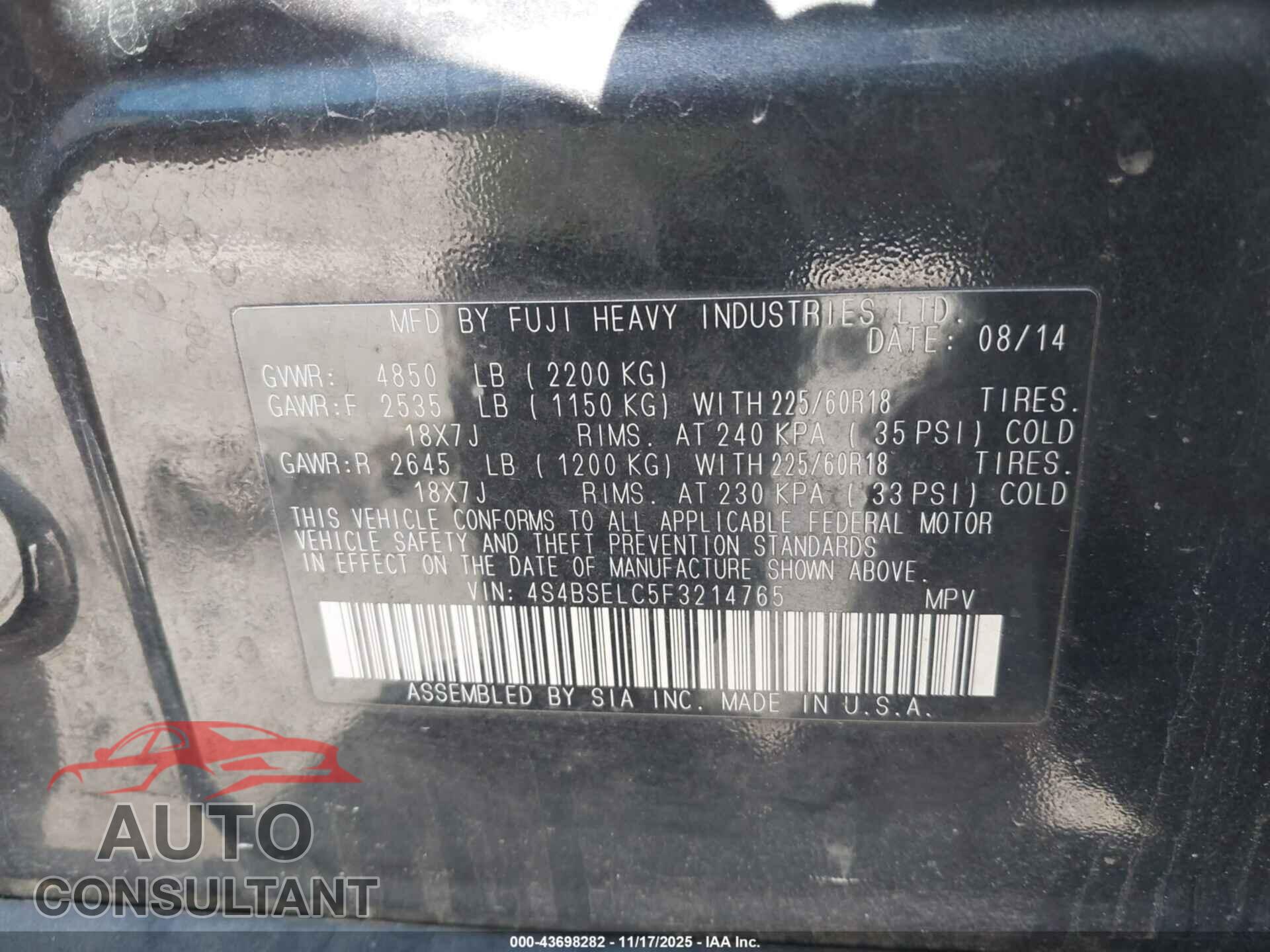 SUBARU OUTBACK 2015 - 4S4BSELC5F3214765