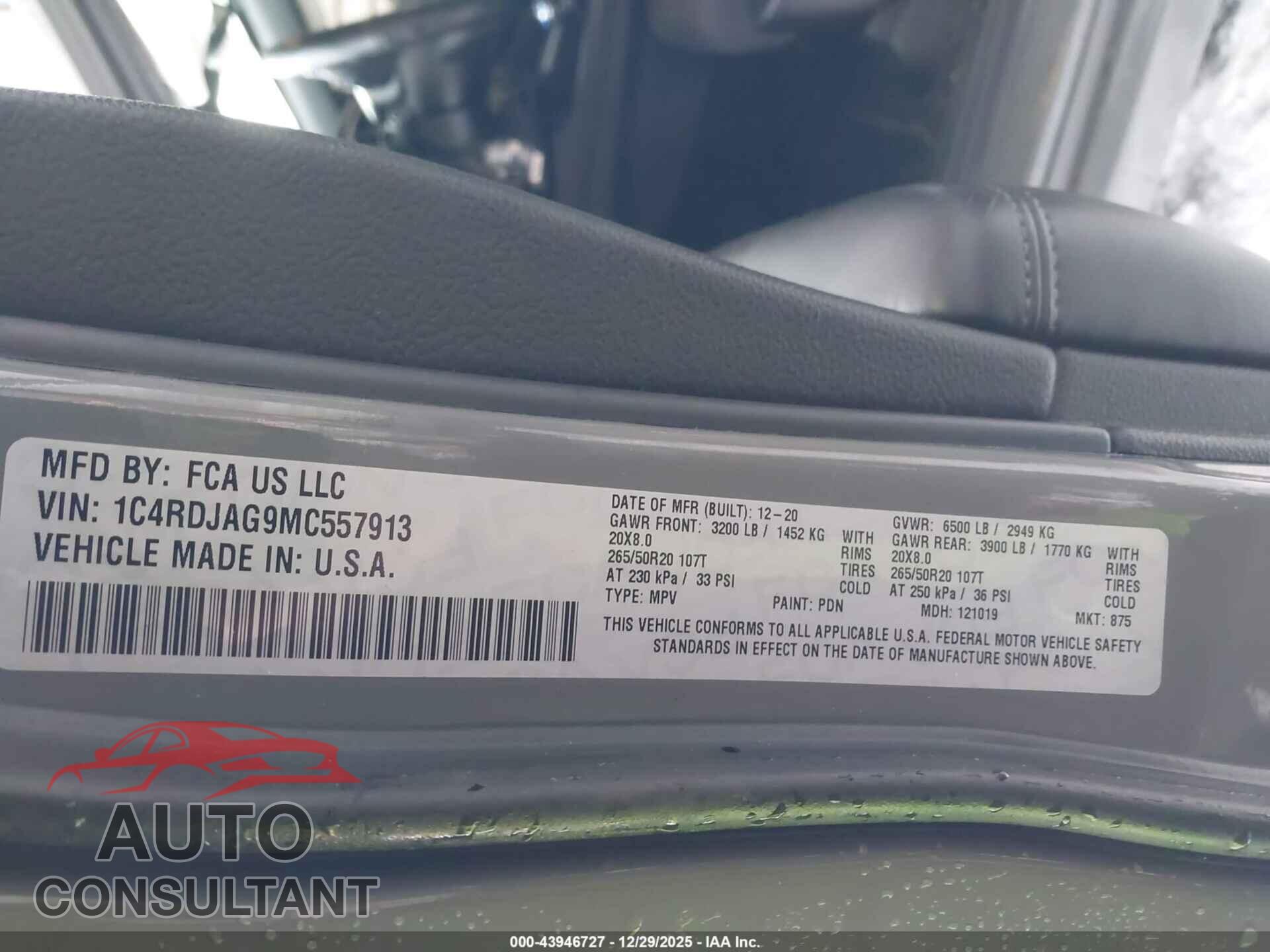 DODGE DURANGO 2021 - 1C4RDJAG9MC557913