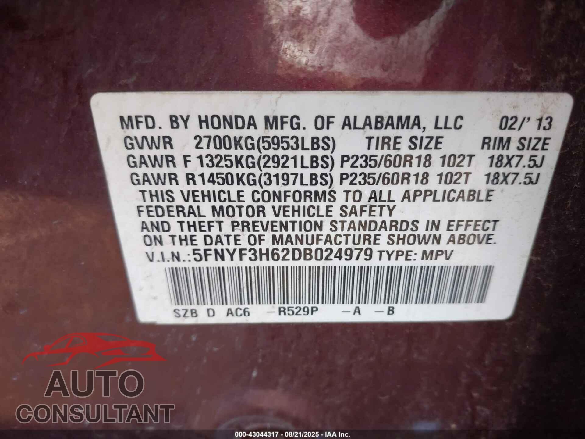 HONDA PILOT 2013 - 5FNYF3H62DB024979