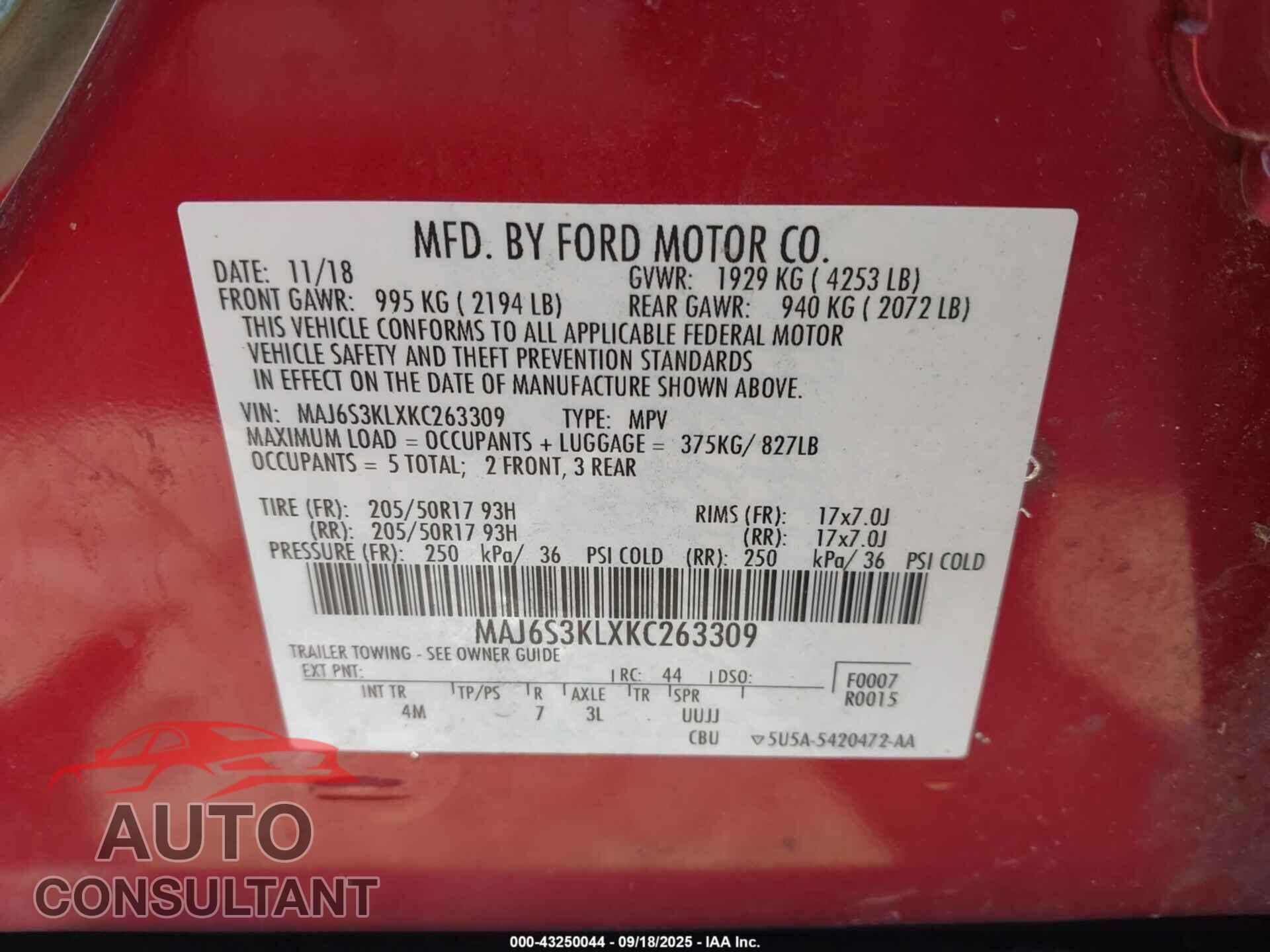 FORD ECOSPORT 2019 - MAJ6S3KLXKC263309