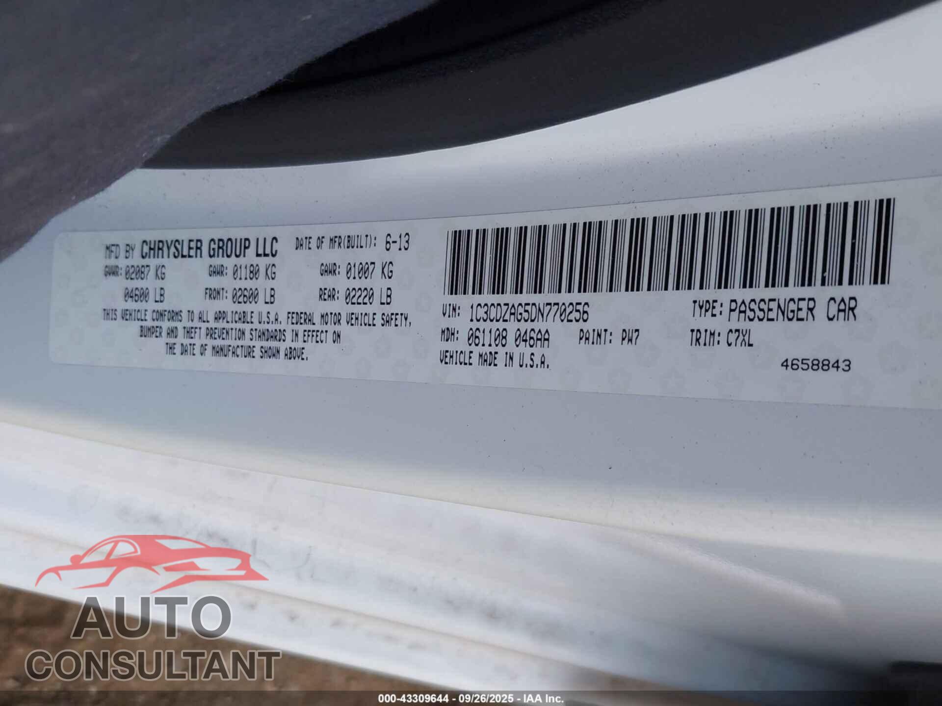 DODGE AVENGER 2013 - 1C3CDZAG5DN770256