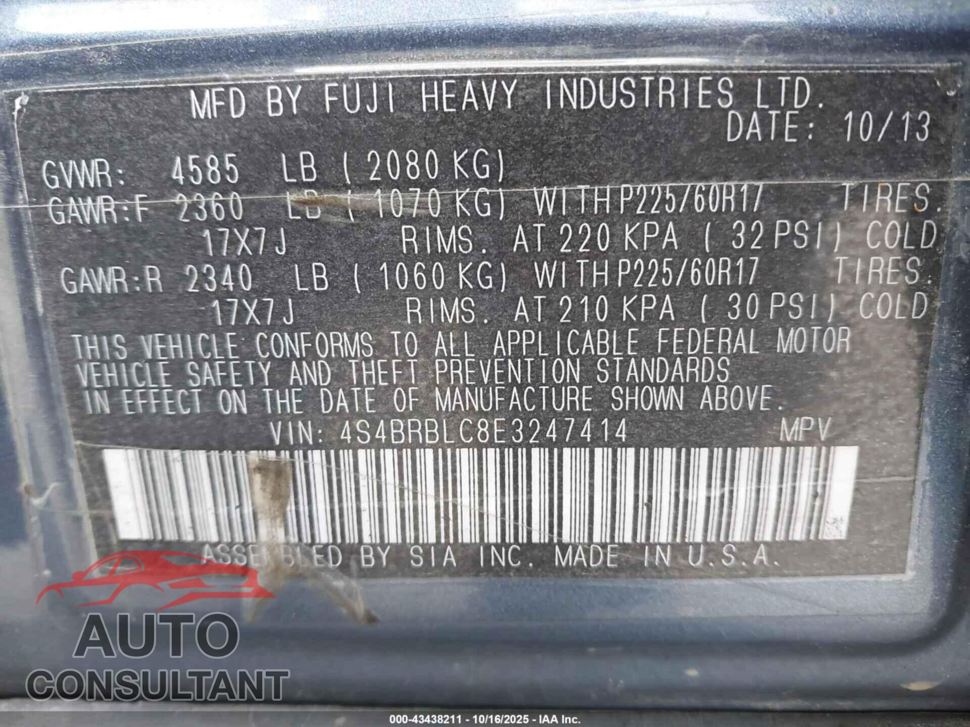 SUBARU OUTBACK 2014 - 4S4BRBLC8E3247414