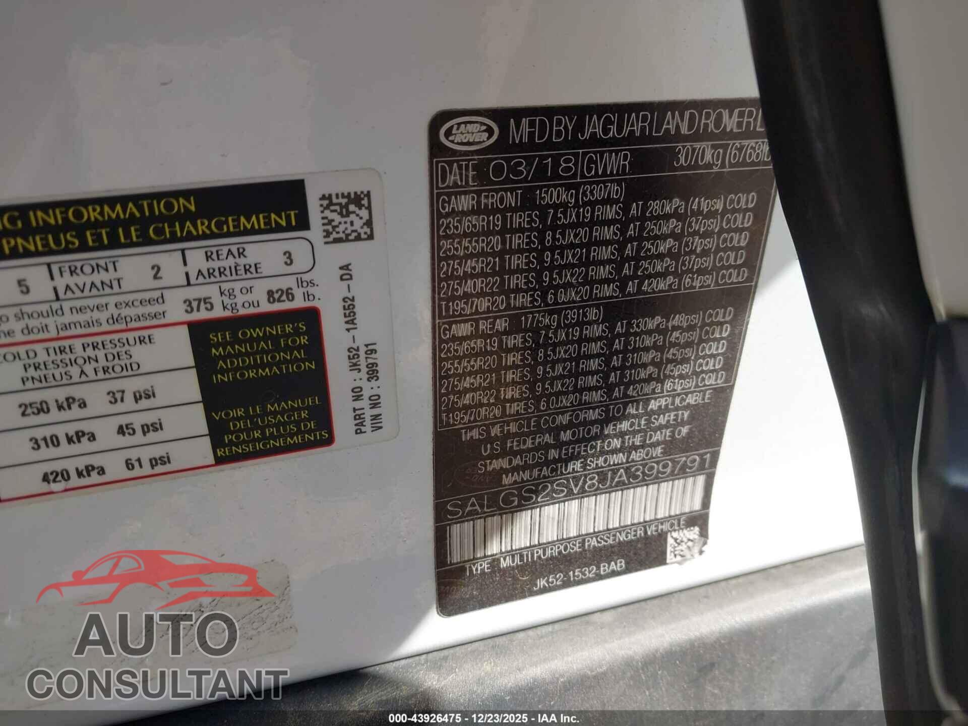 LAND ROVER RANGE ROVER 2018 - SALGS2SV8JA399791