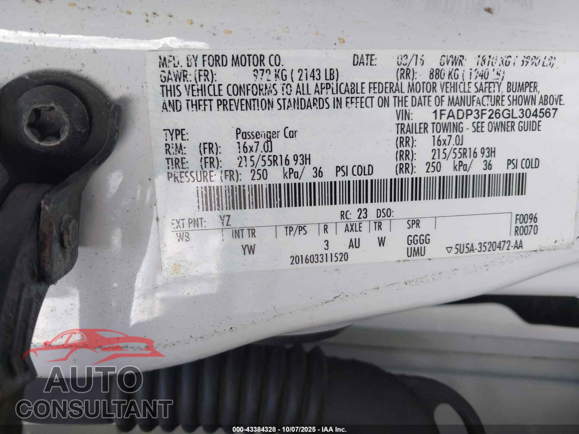 FORD FOCUS 2016 - 1FADP3F26GL304567