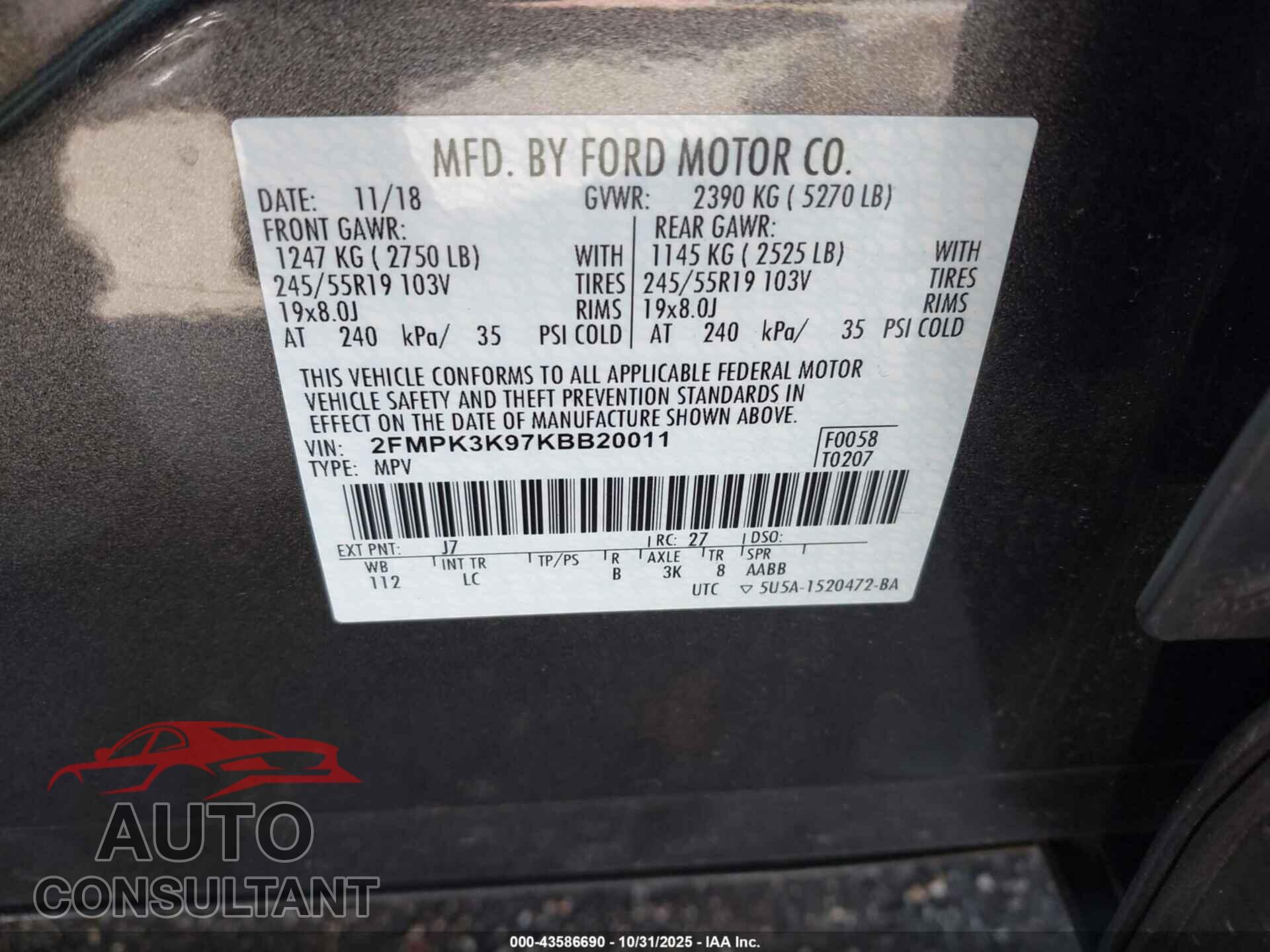 FORD EDGE 2019 - 2FMPK3K97KBB20011