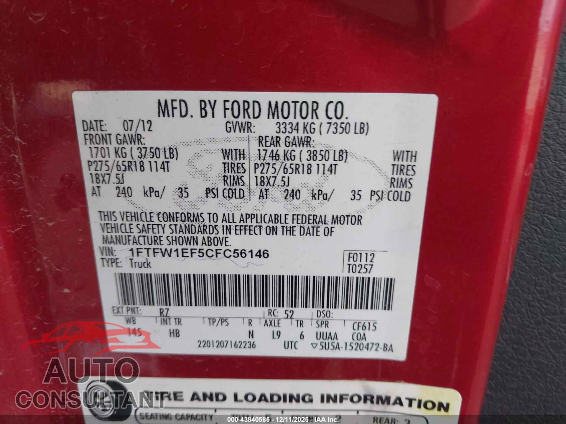 FORD F-150 2012 - 1FTFW1EF5CFC56146