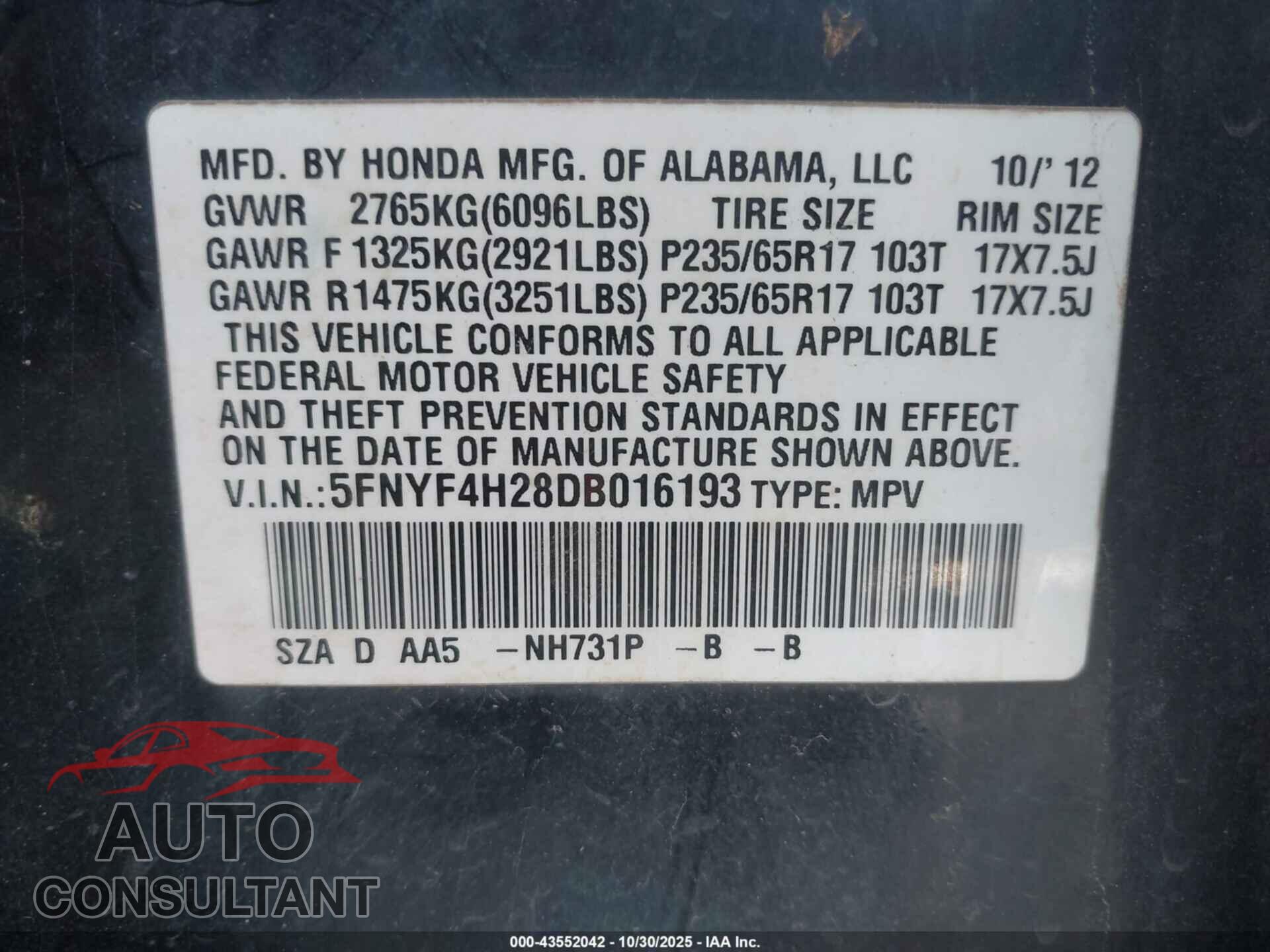 HONDA PILOT 2013 - 5FNYF4H28DB016193