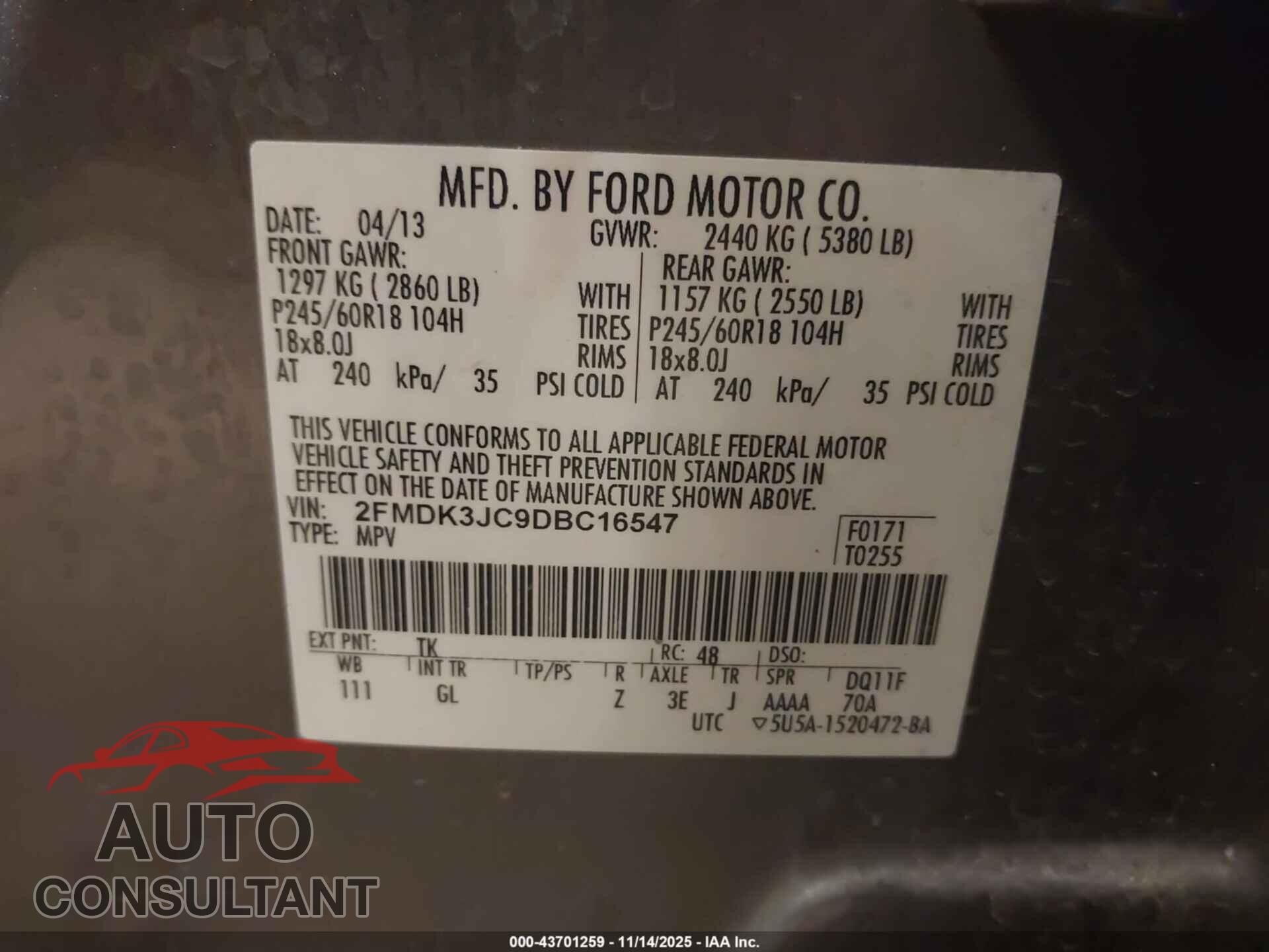 FORD EDGE 2013 - 2FMDK3JC9DBC16547