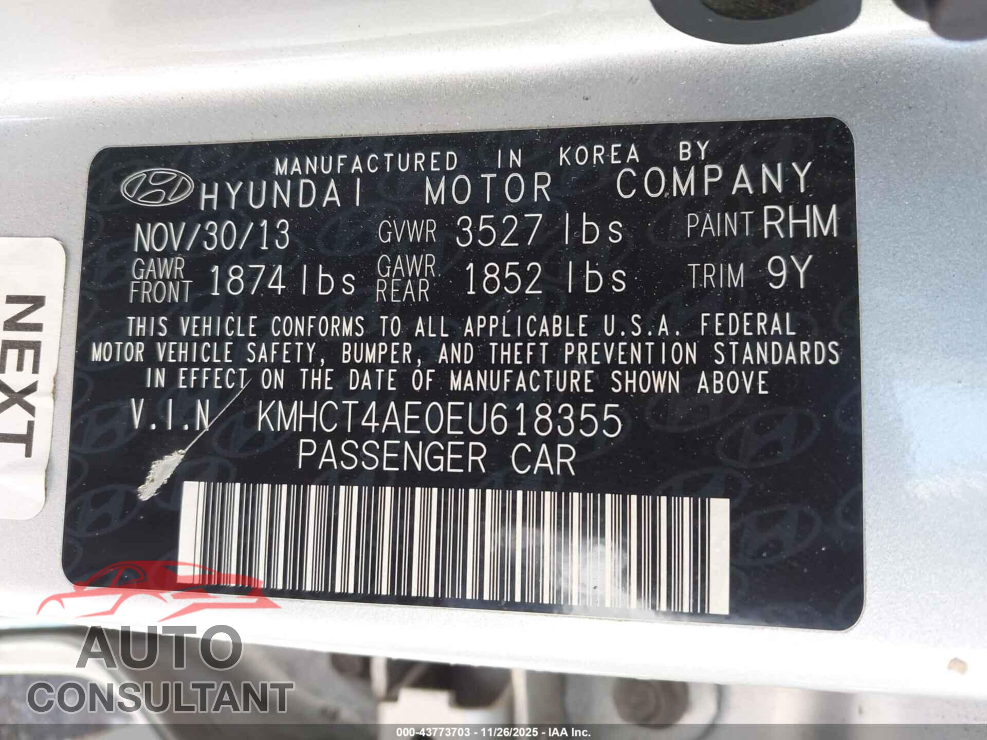 HYUNDAI ACCENT 2014 - KMHCT4AE0EU618355