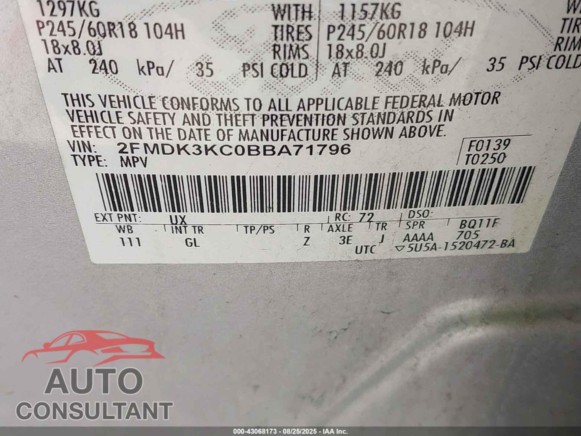 FORD EDGE 2011 - 2FMDK3KC0BBA71796