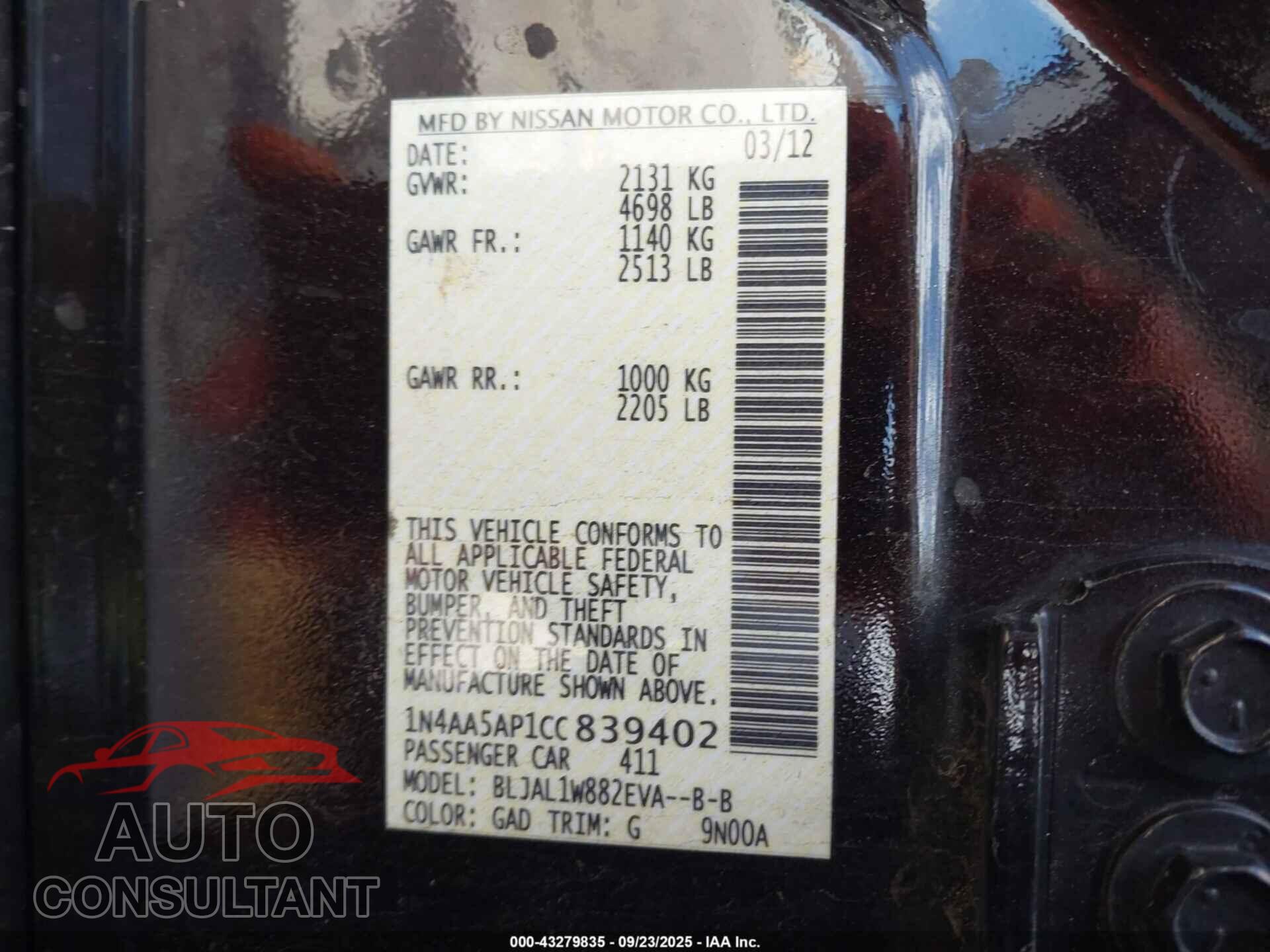 NISSAN MAXIMA 2012 - 1N4AA5AP1CC839402