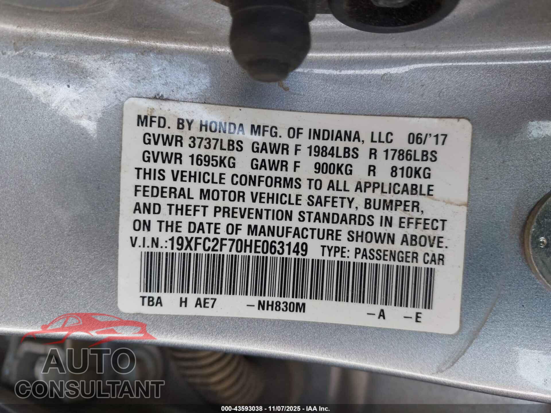HONDA CIVIC 2017 - 19XFC2F70HE063149