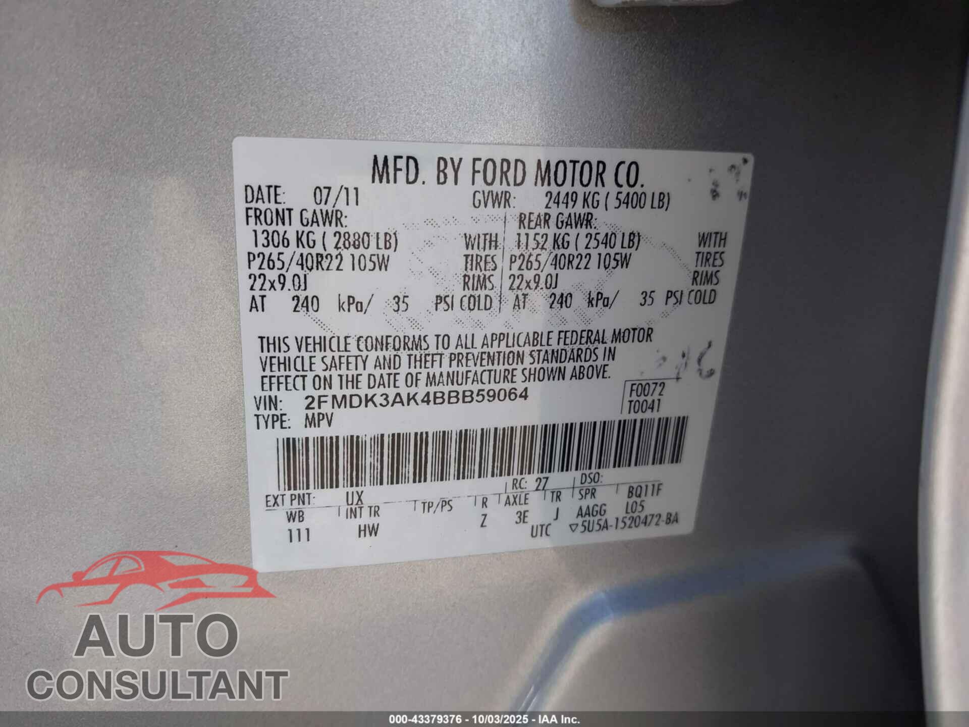 FORD EDGE 2011 - 2FMDK3AK4BBB59064