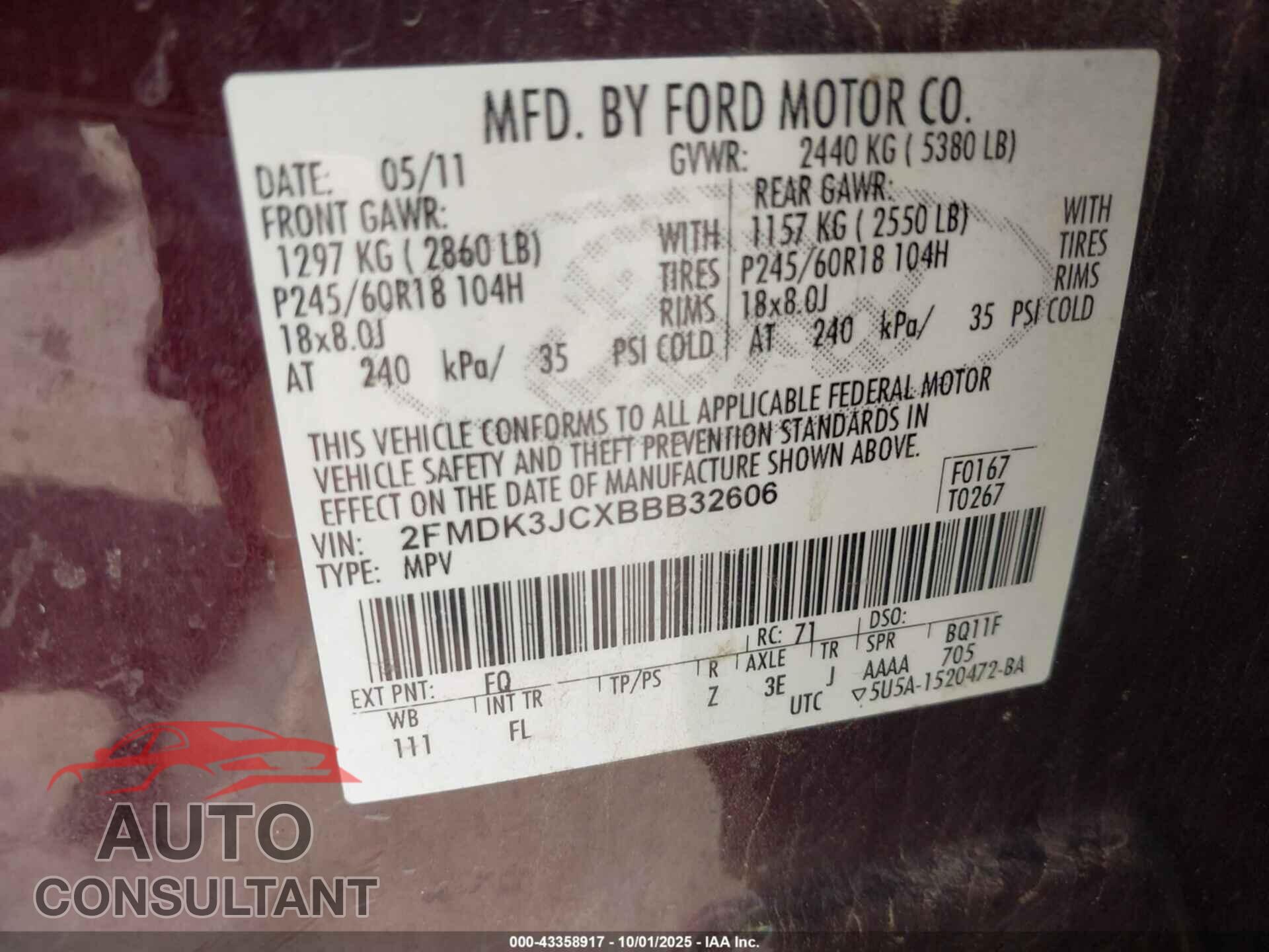 FORD EDGE 2011 - 2FMDK3JCXBBB32606