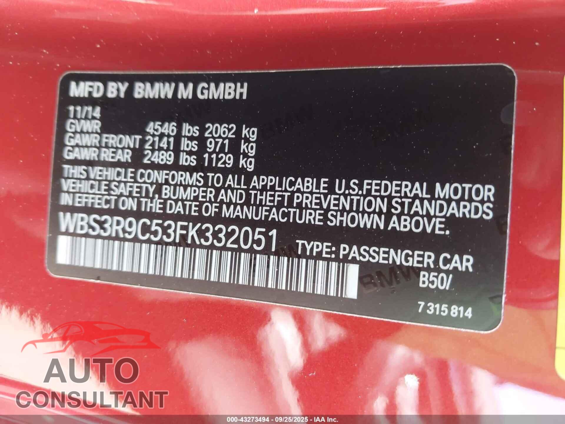 BMW M4 2015 - WBS3R9C53FK332051