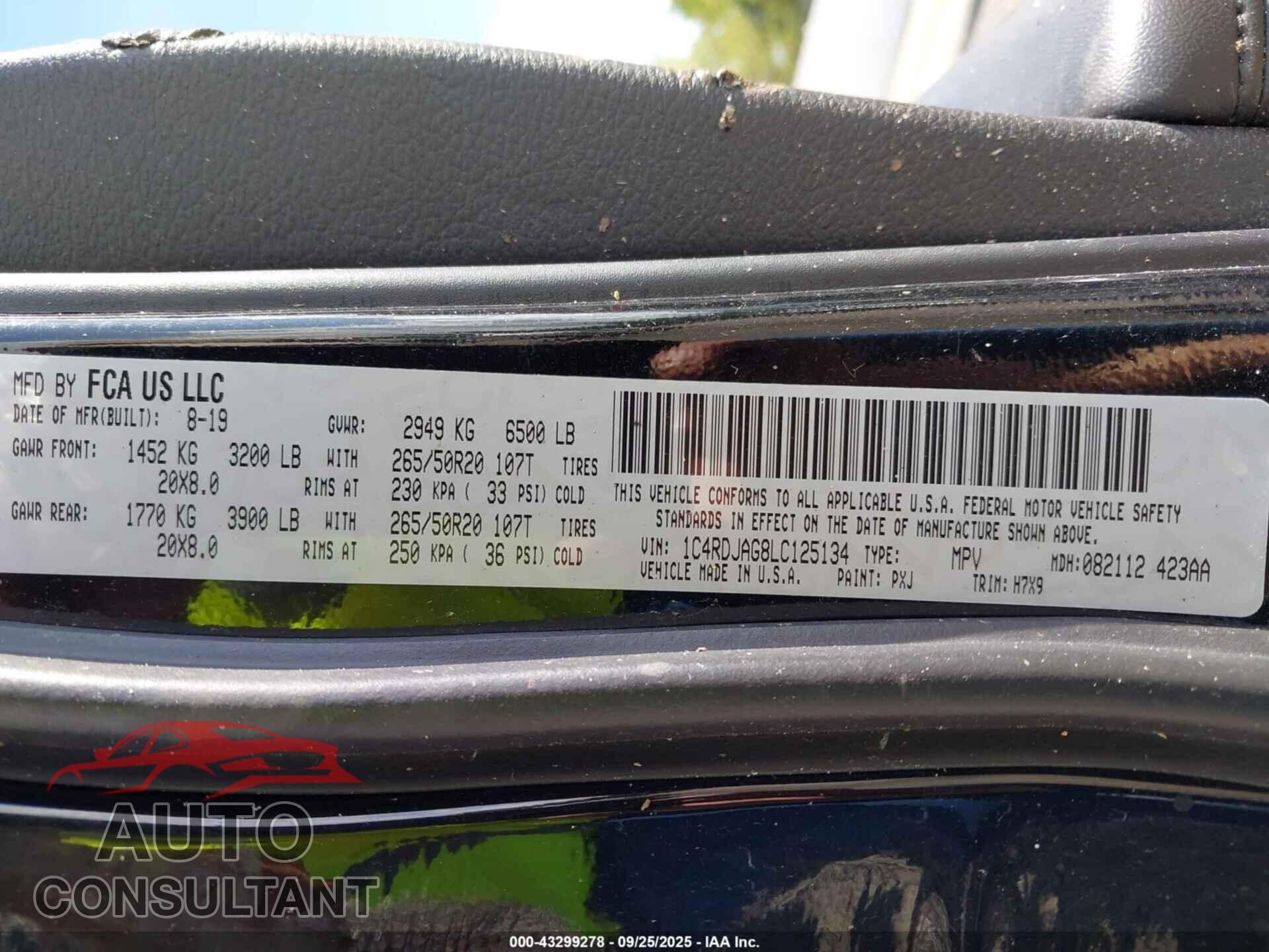 DODGE DURANGO 2020 - 1C4RDJAG8LC125134