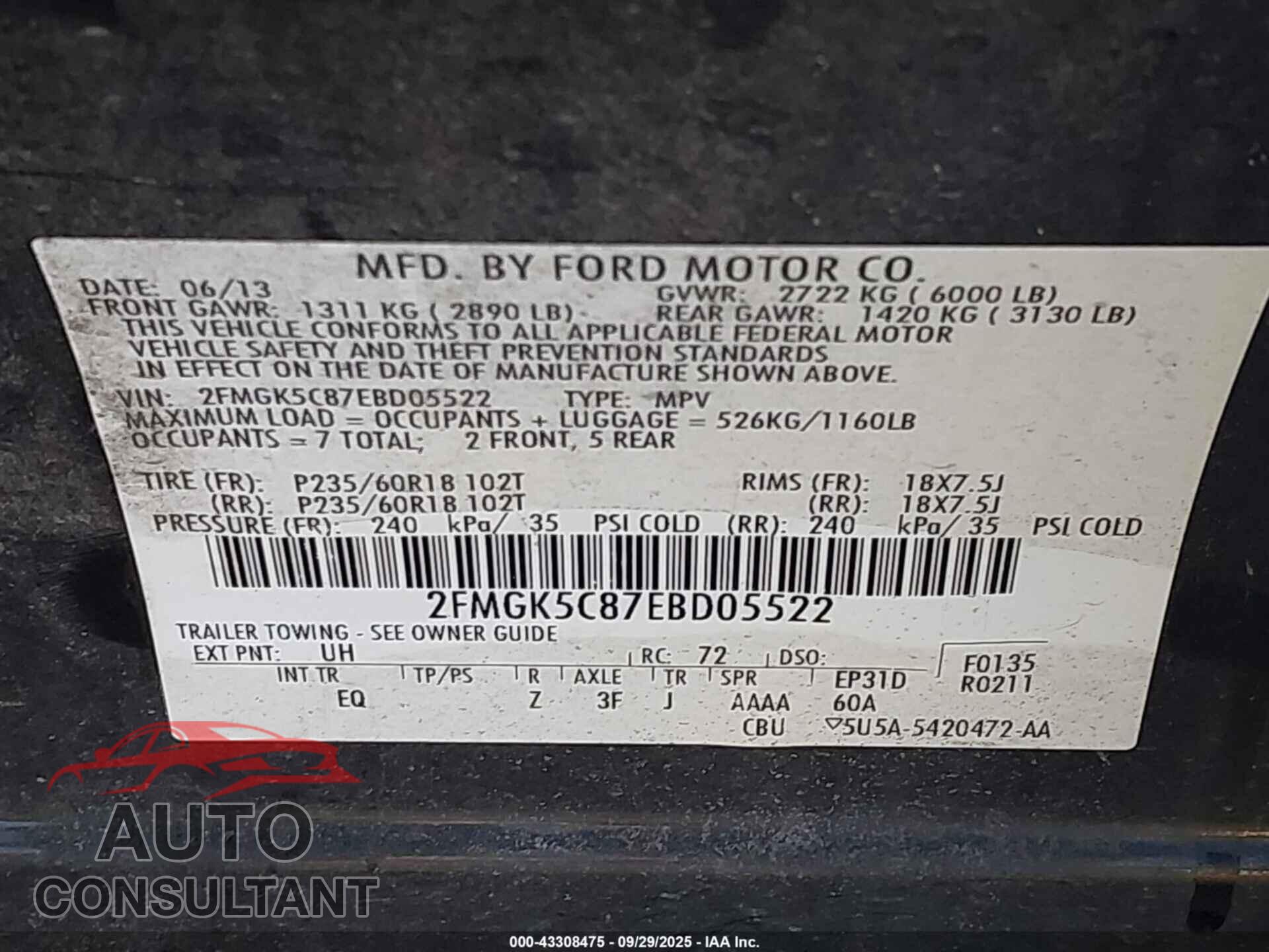 FORD FLEX 2014 - 2FMGK5C87EBD05522