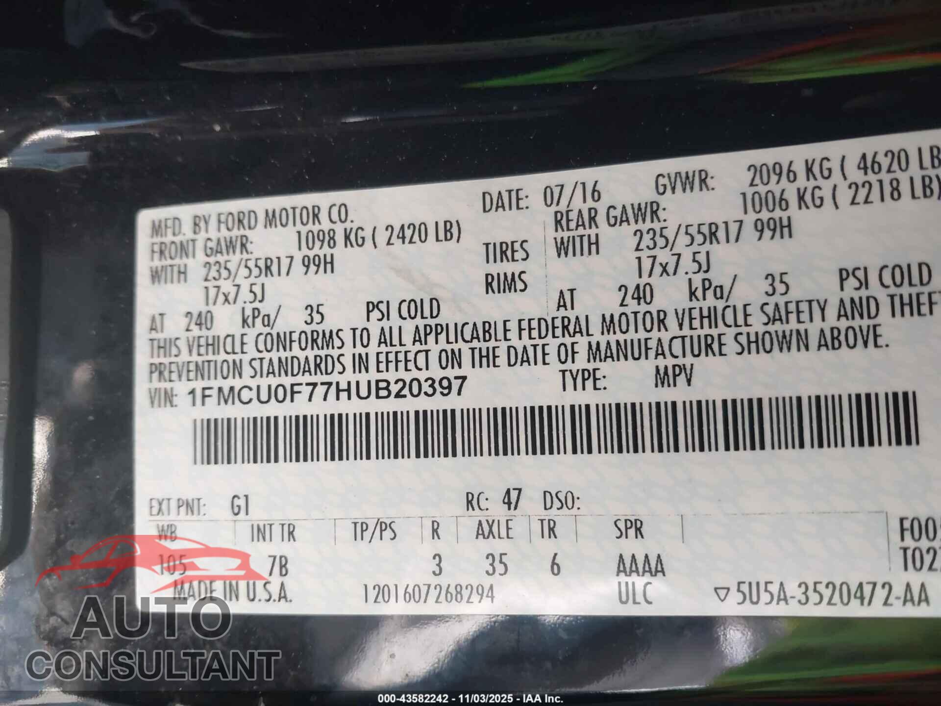FORD ESCAPE 2017 - 1FMCU0F77HUB20397
