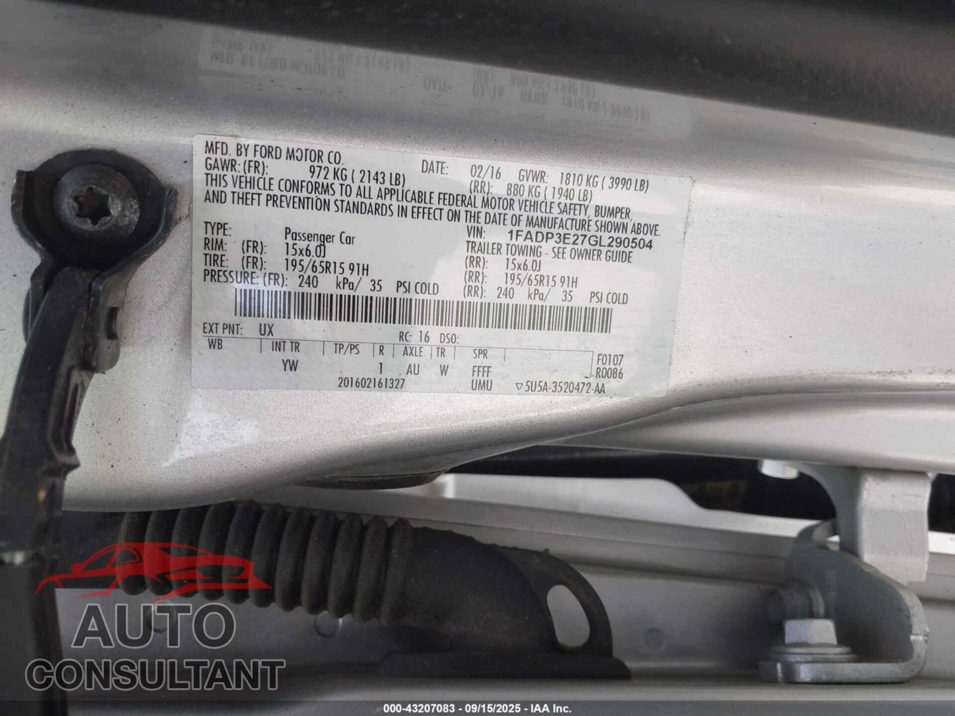 FORD FOCUS 2016 - 1FADP3E27GL290504