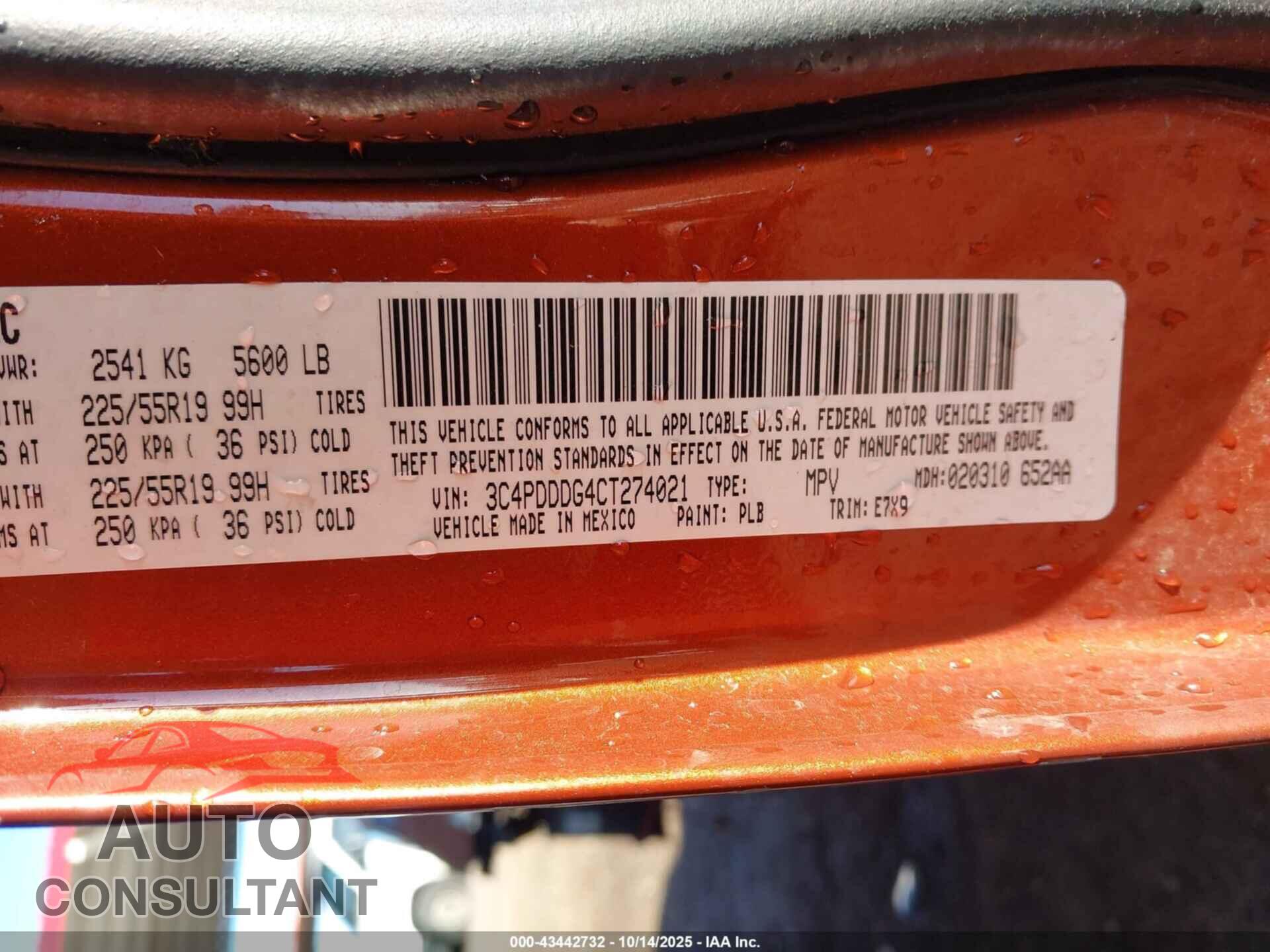DODGE JOURNEY 2012 - 3C4PDDDG4CT274021