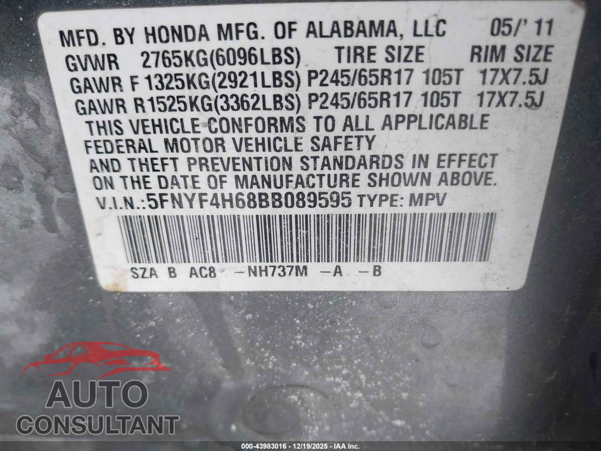 HONDA PILOT 2011 - 5FNYF4H68BB089595