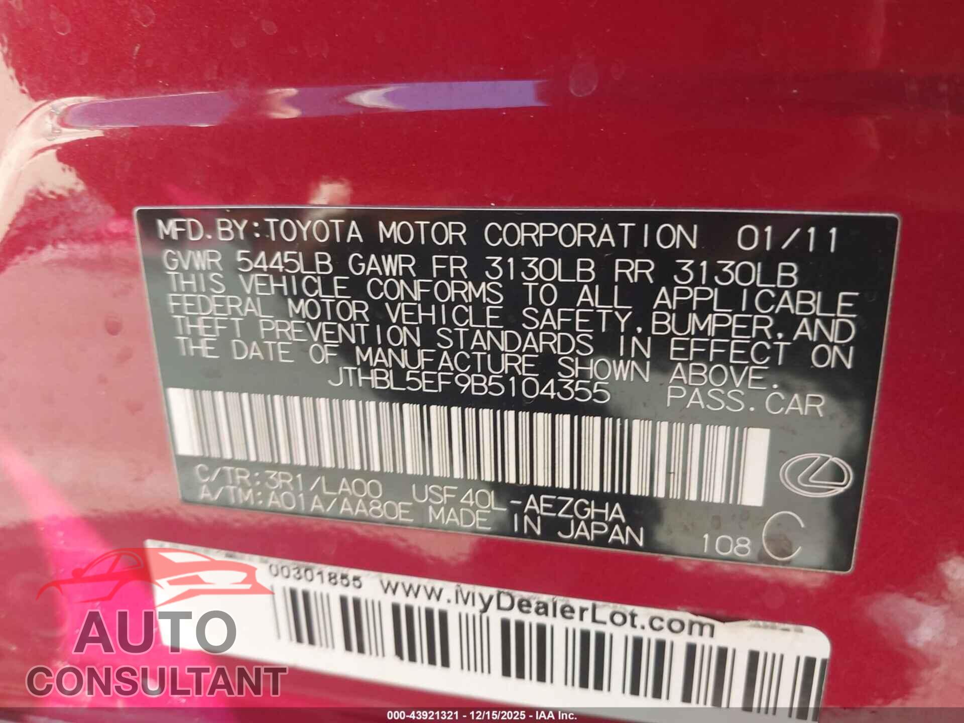 LEXUS LS 460 2011 - JTHBL5EF9B5104355