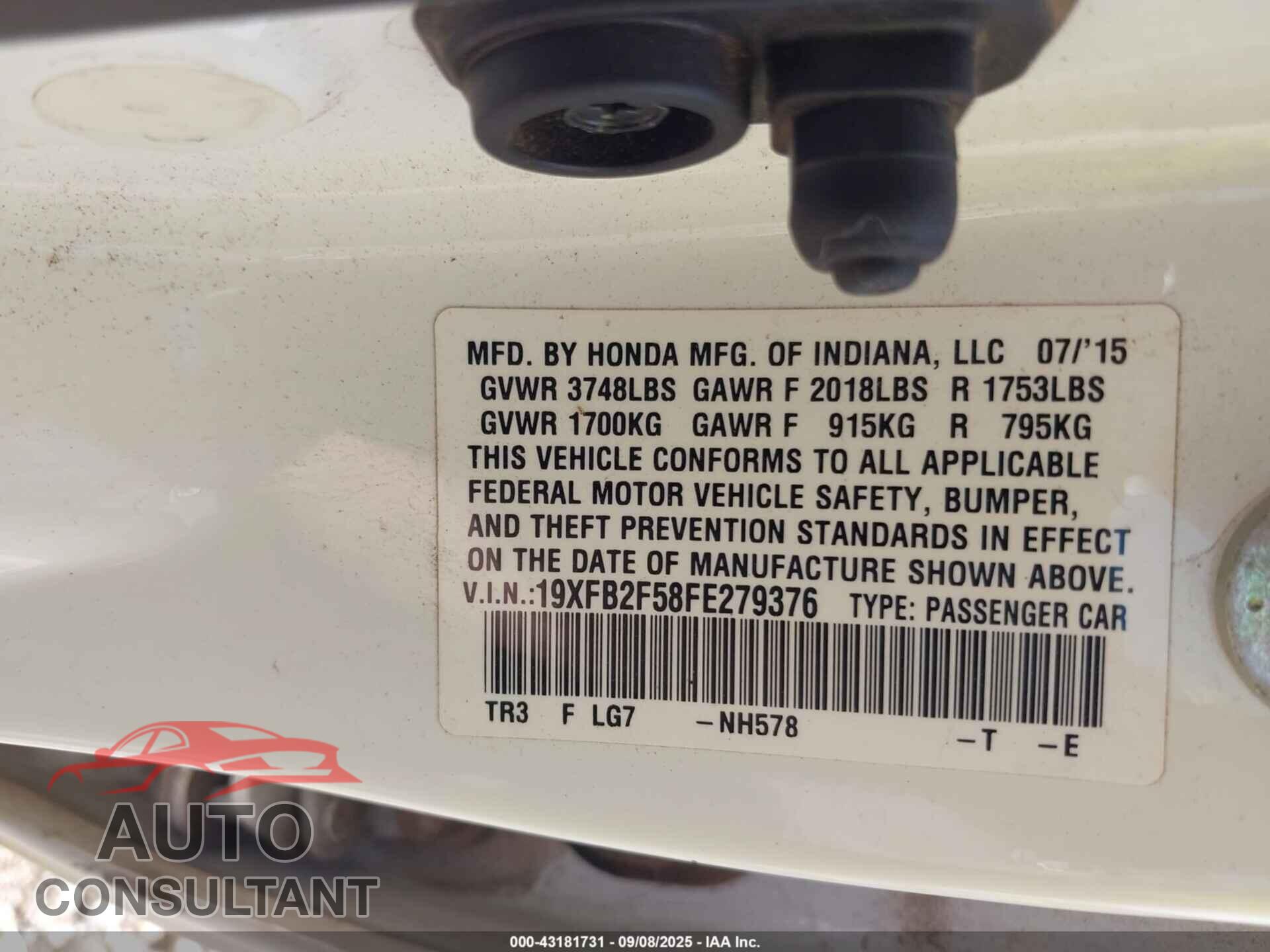 HONDA CIVIC 2015 - 19XFB2F58FE279376