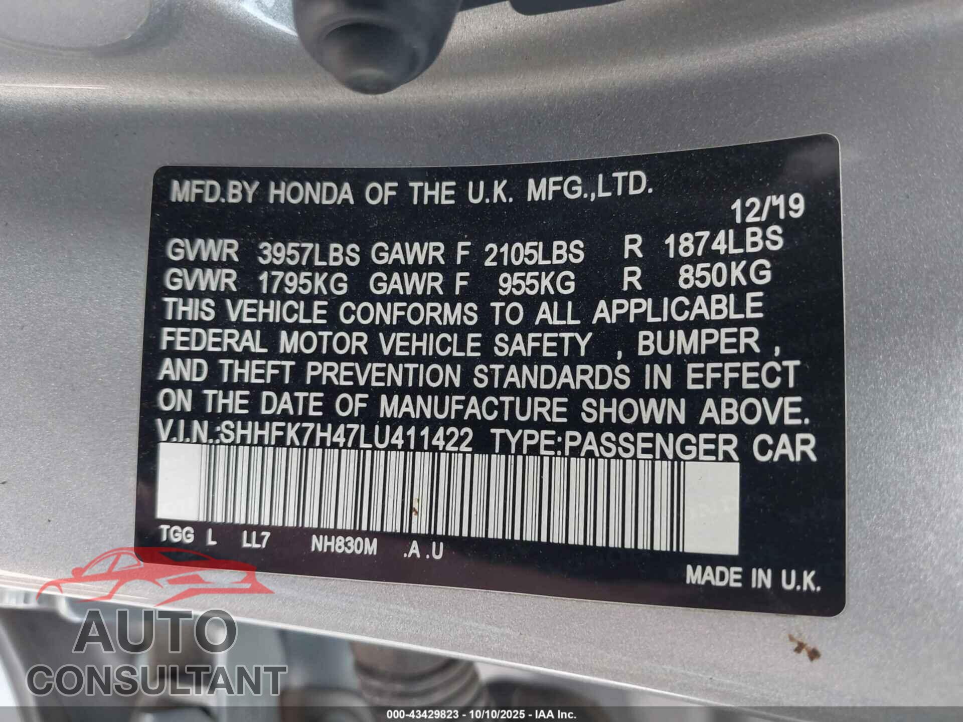 HONDA CIVIC 2020 - SHHFK7H47LU411422