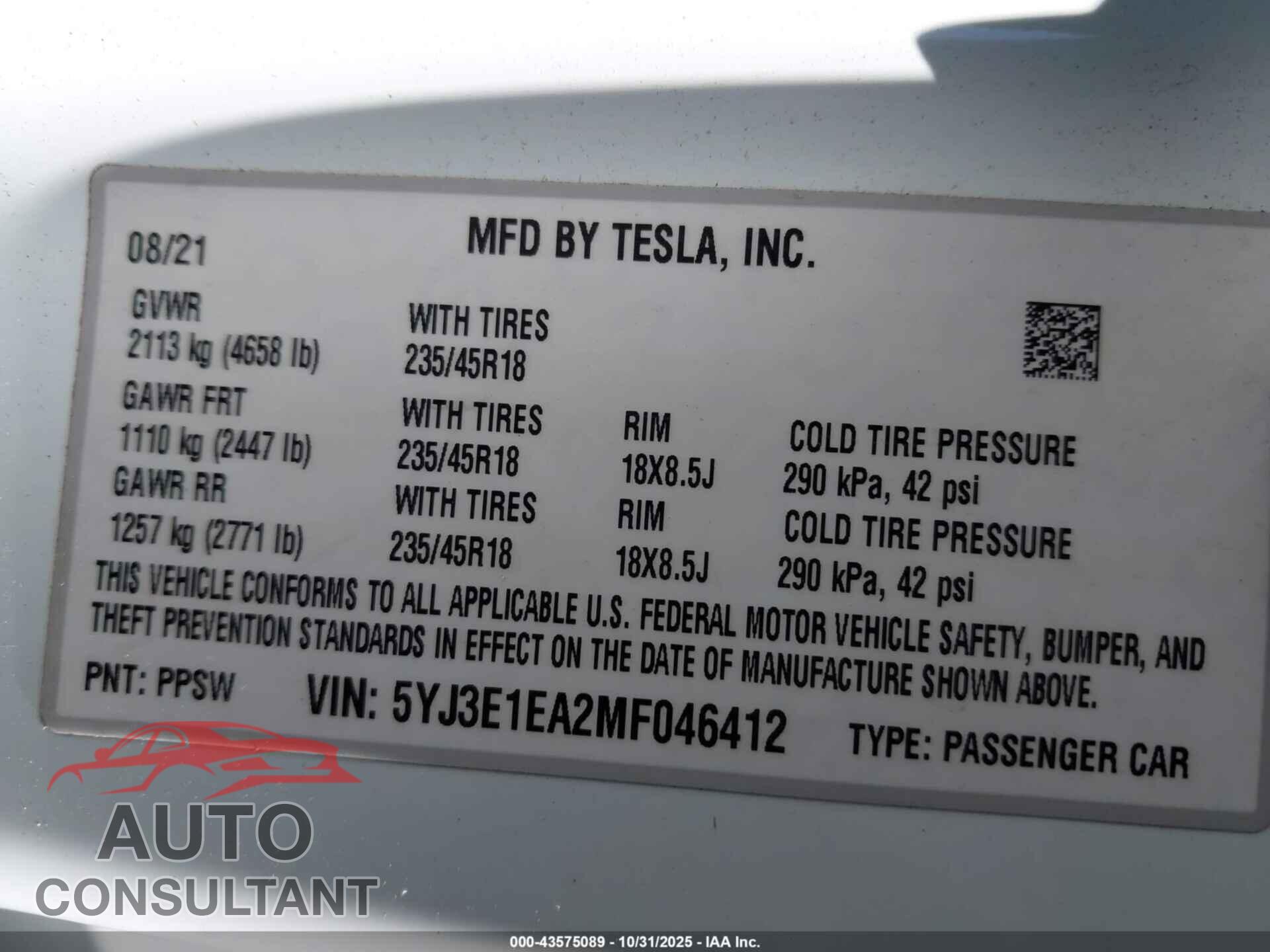 TESLA MODEL 3 2021 - 5YJ3E1EA2MF046412