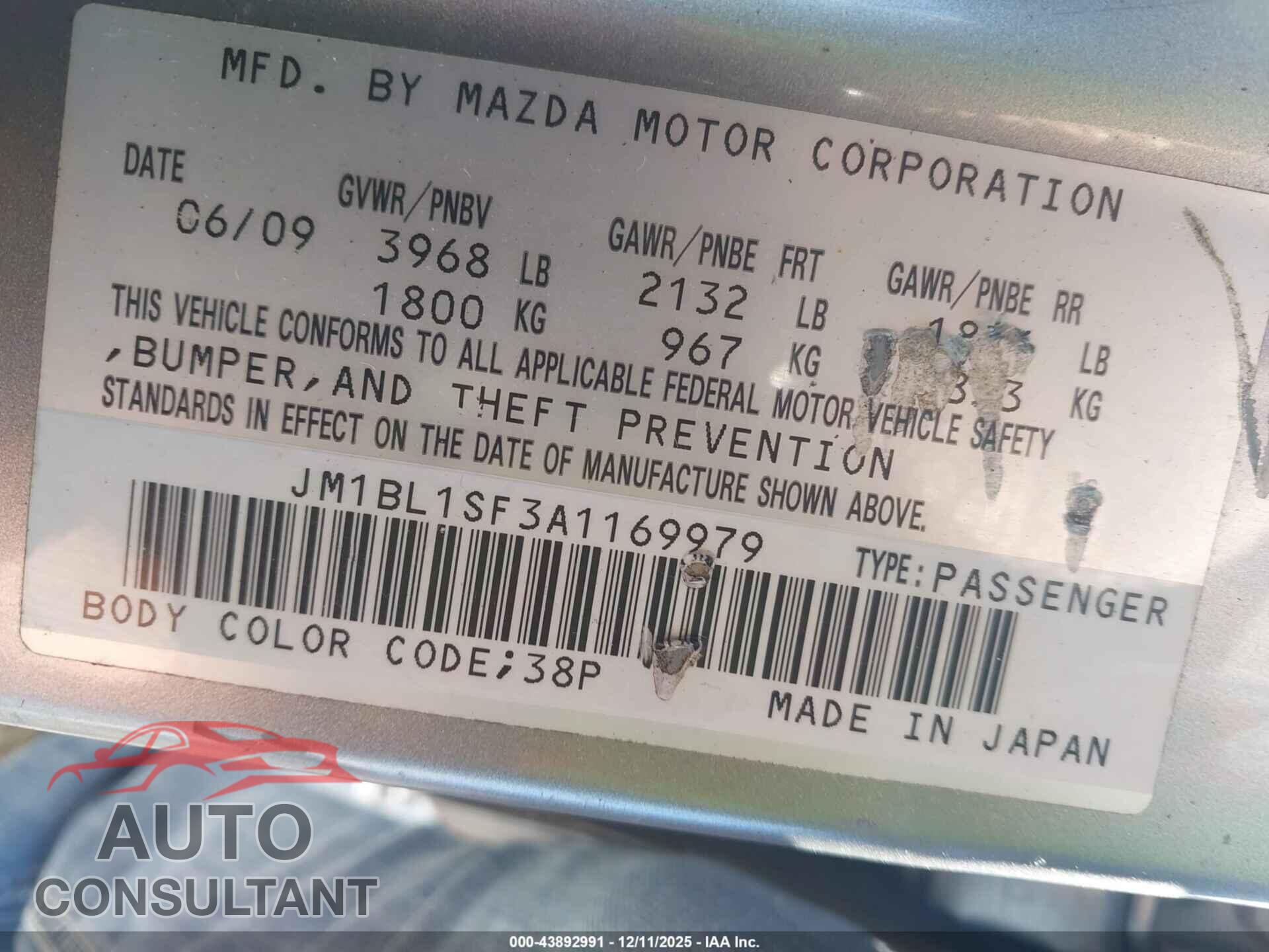 MAZDA MAZDA3 2010 - JM1BL1SF3A1169979