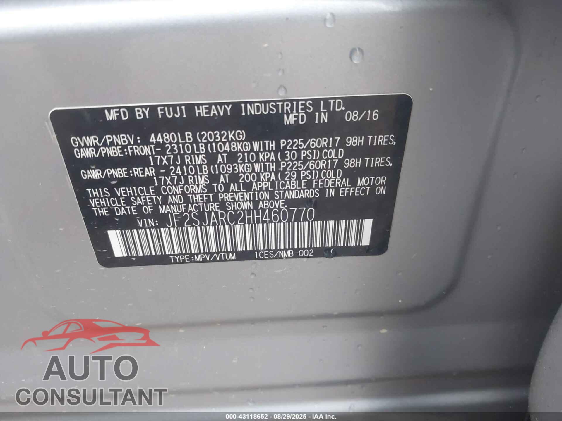 SUBARU FORESTER 2017 - JF2SJARC2HH460770