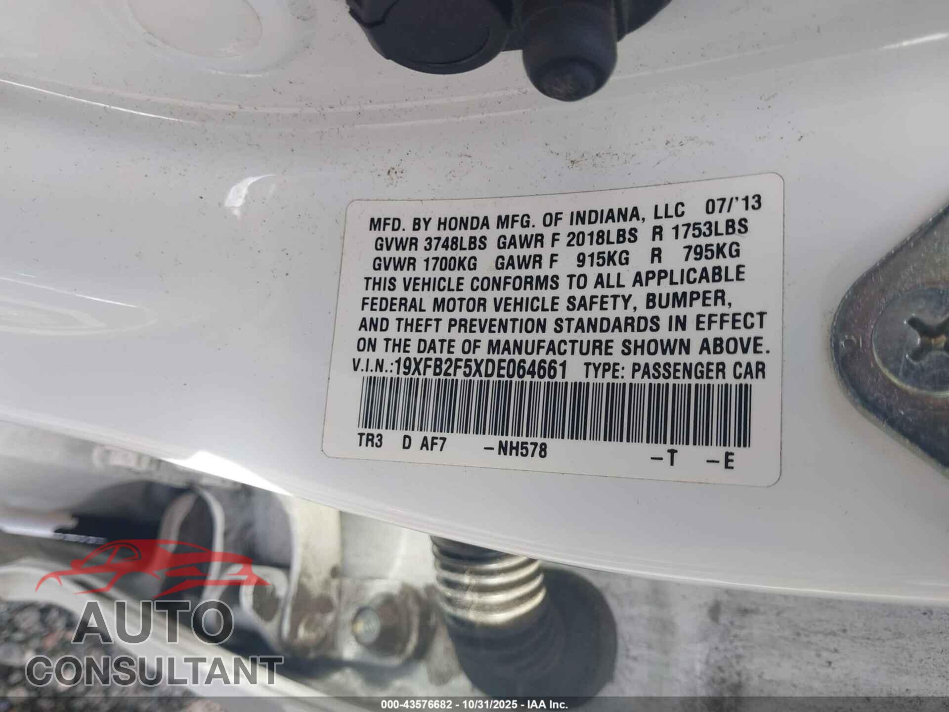 HONDA CIVIC 2013 - 19XFB2F5XDE064661