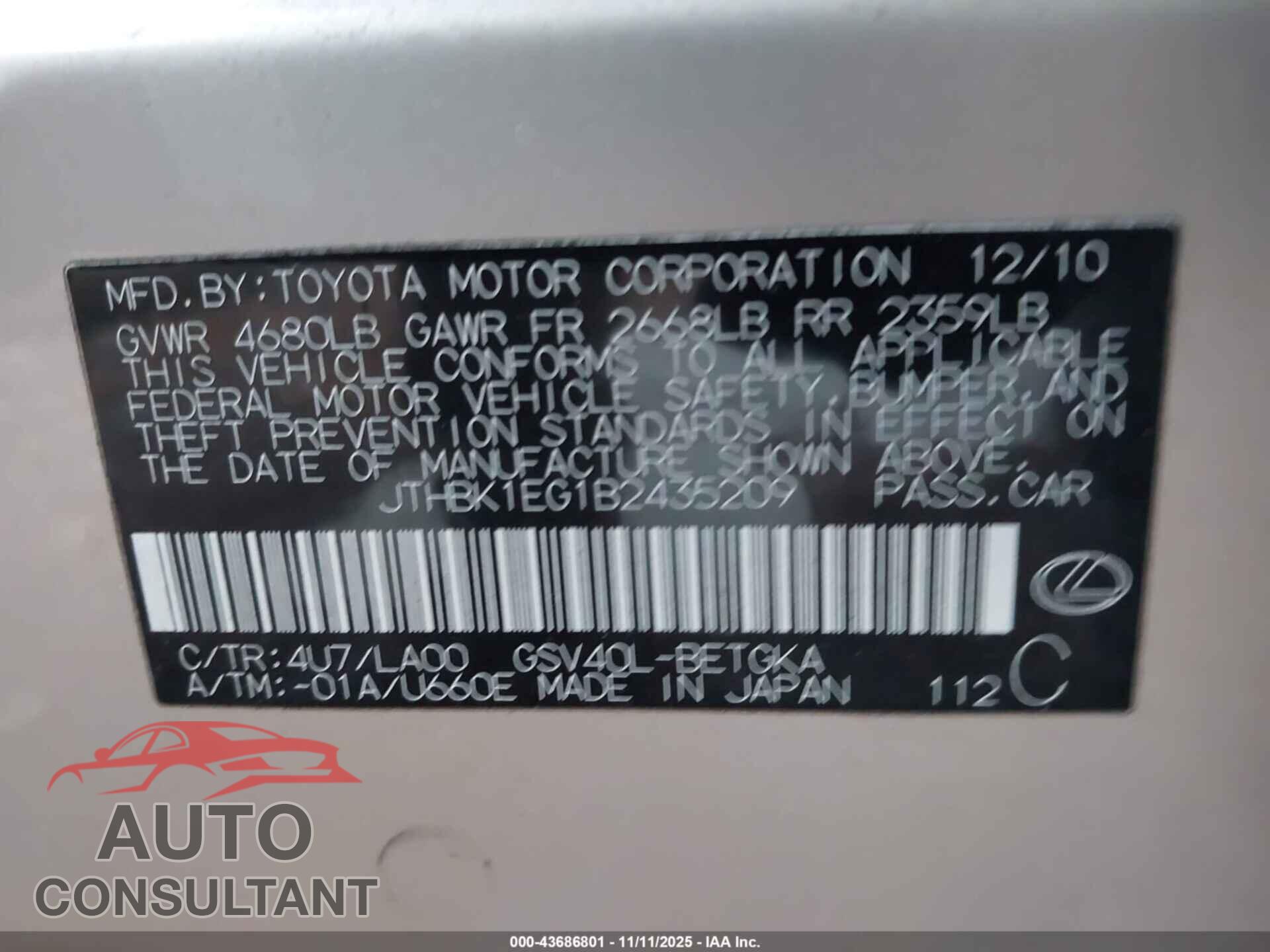 LEXUS ES 350 2011 - JTHBK1EG1B2435209