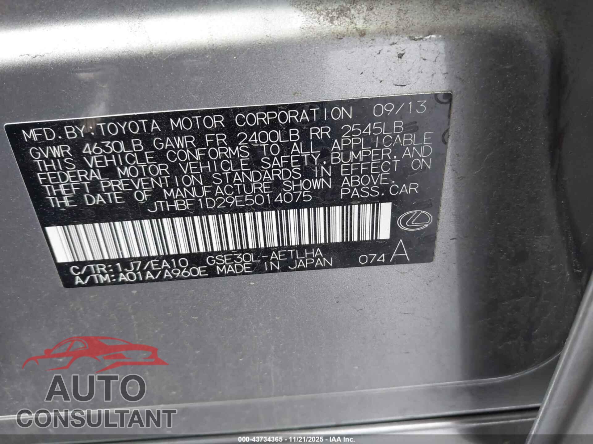 LEXUS IS 250 2014 - JTHBF1D29E5014075