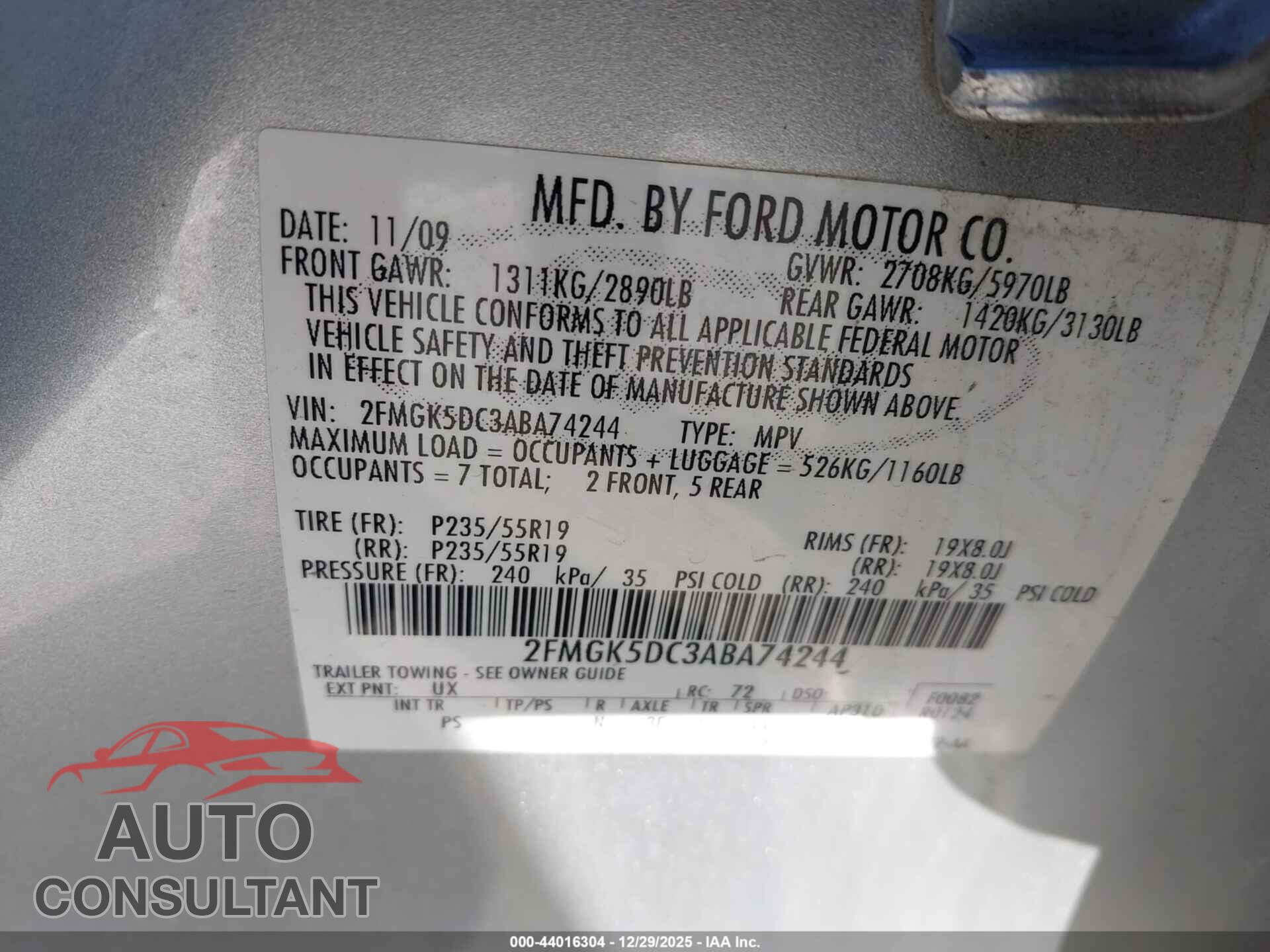 FORD FLEX 2010 - 2FMGK5DC3ABA74244