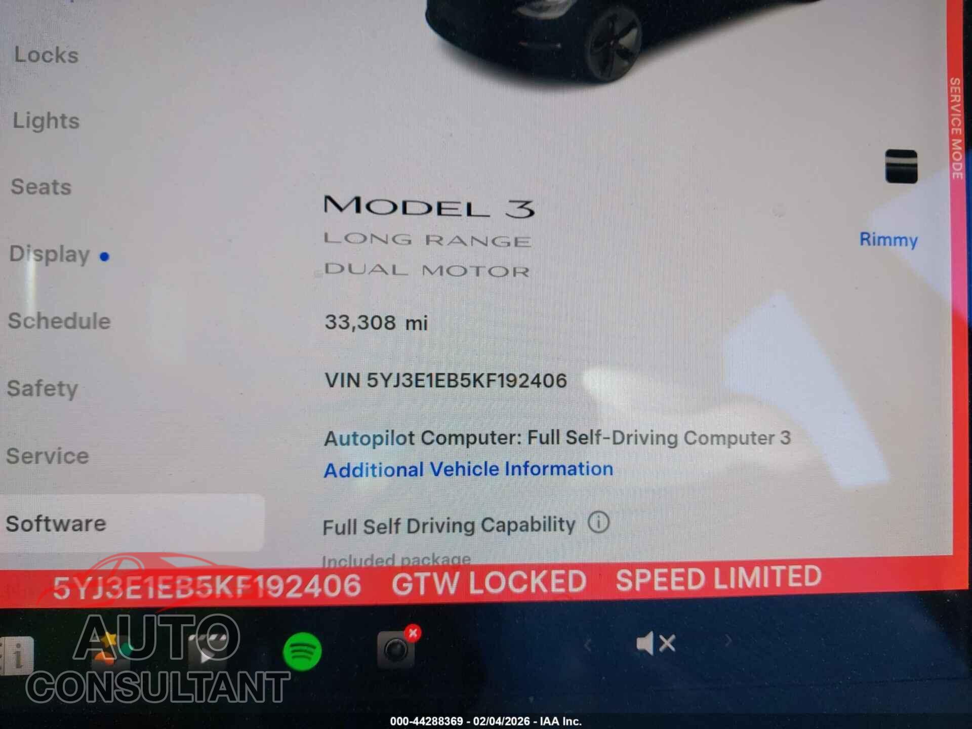 TESLA MODEL 3 2019 - 5YJ3E1EB5KF192406