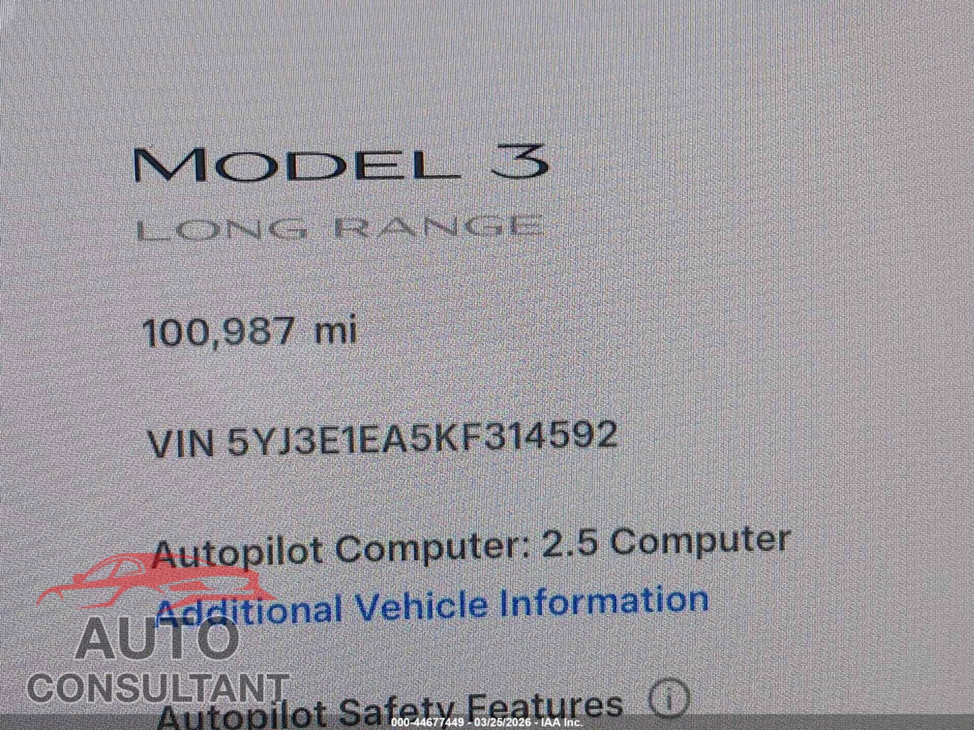 TESLA MODEL 3 2019 - 5YJ3E1EA5KF314592