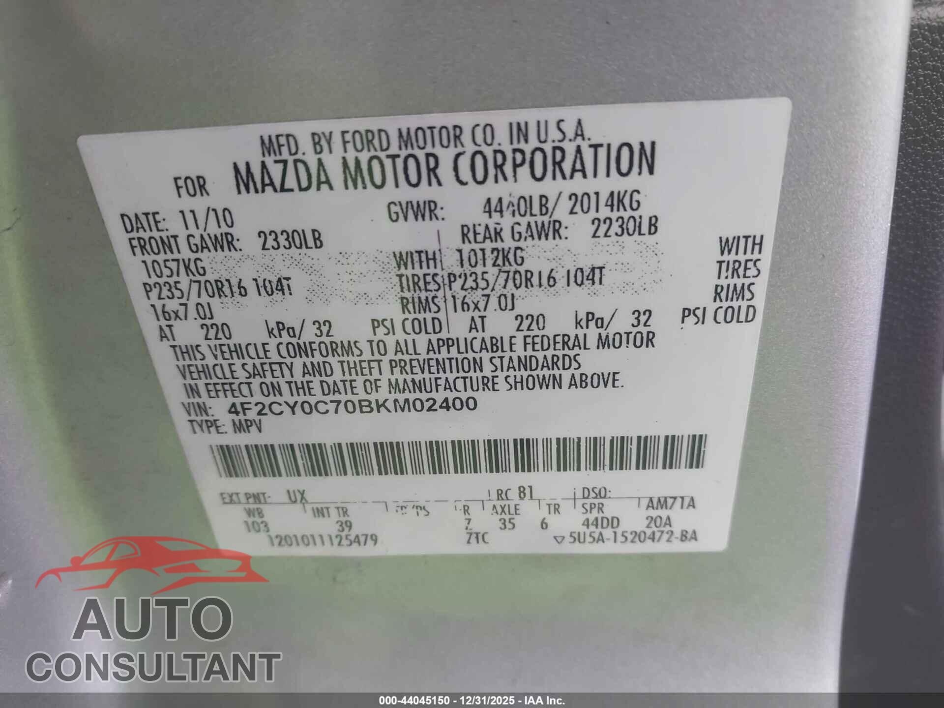 MAZDA TRIBUTE 2011 - 4F2CY0C70BKM02400