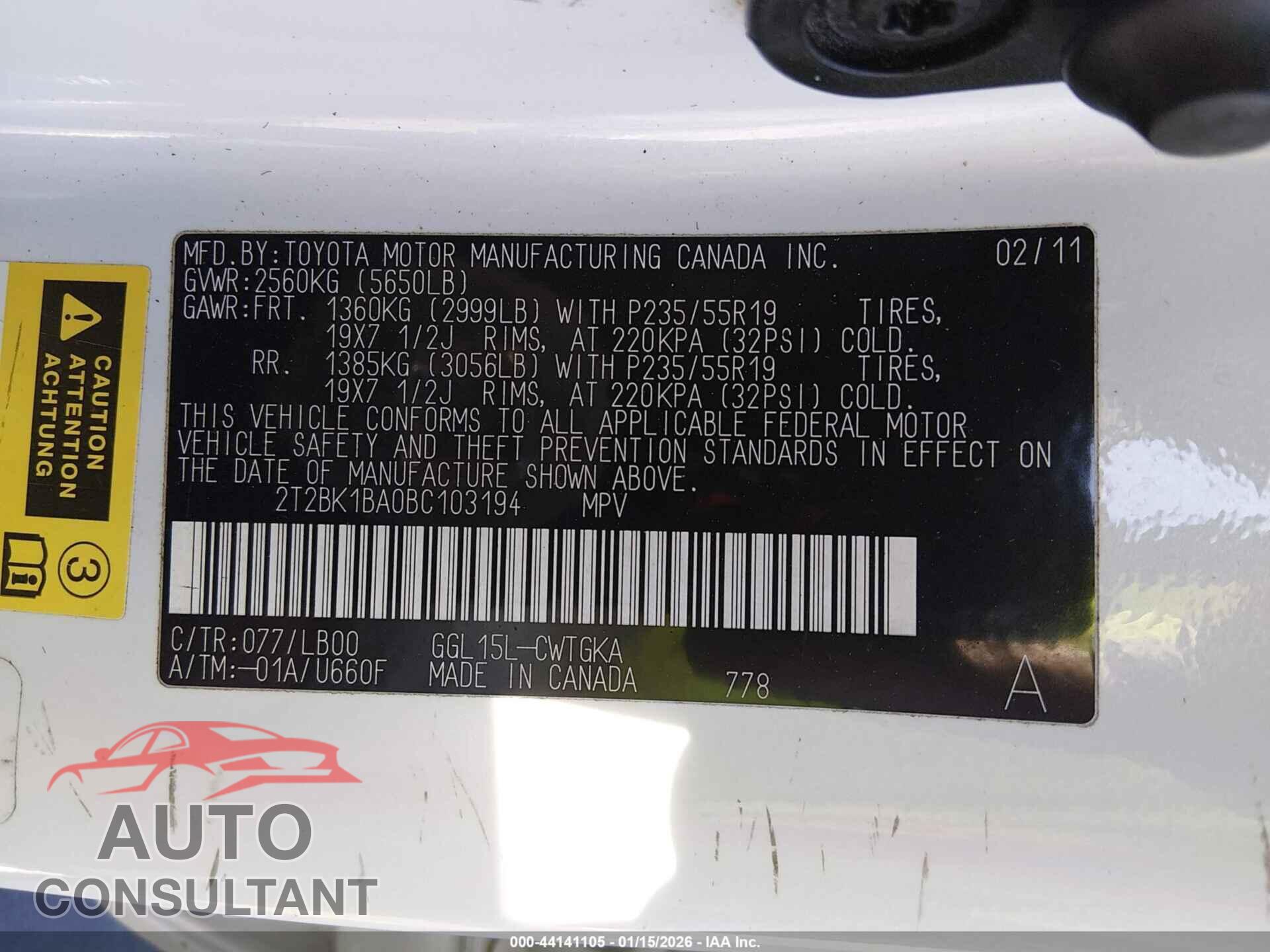 LEXUS RX 350 2011 - 2T2BK1BA0BC103194