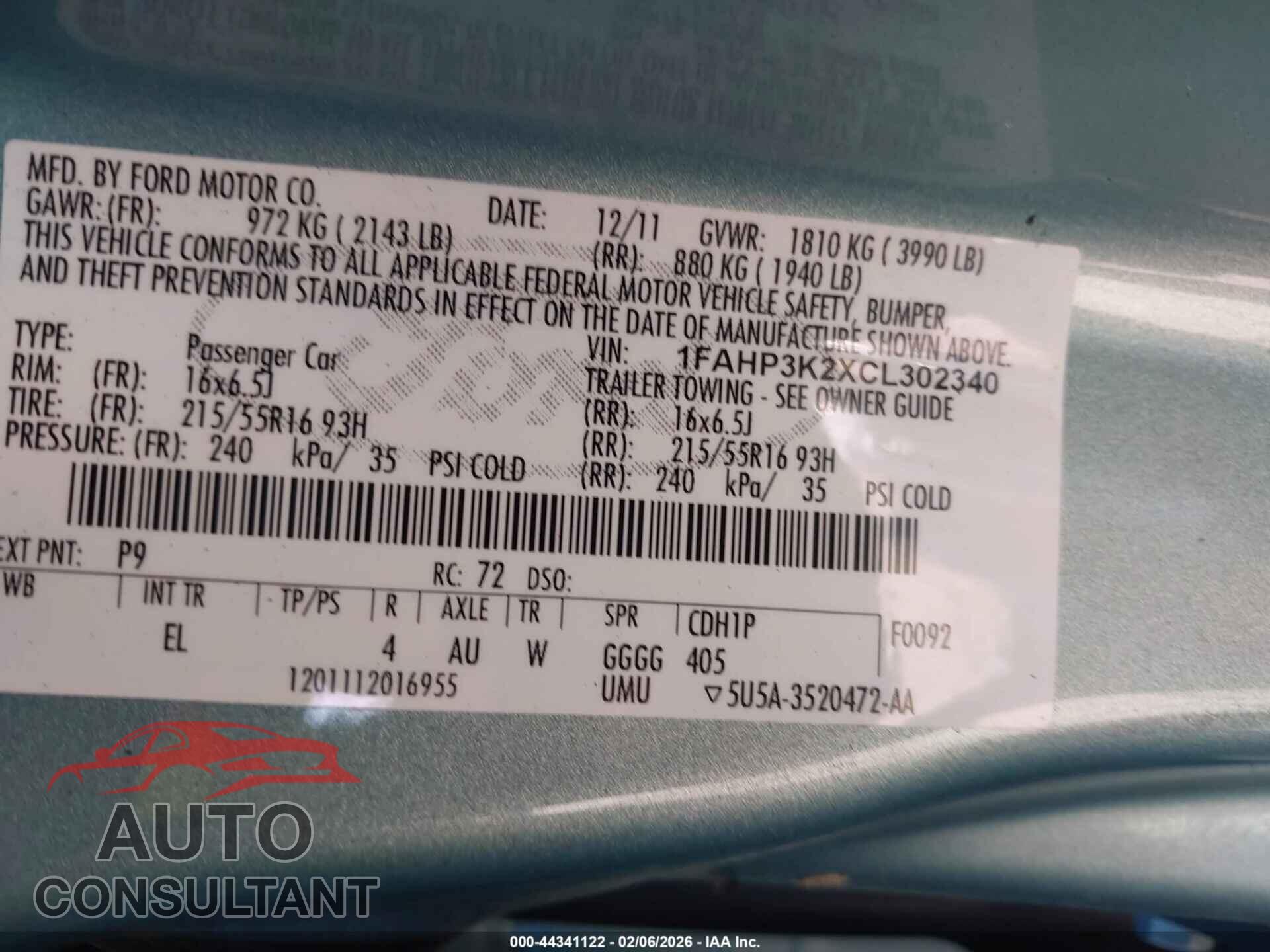 FORD FOCUS 2012 - 1FAHP3K2XCL302340