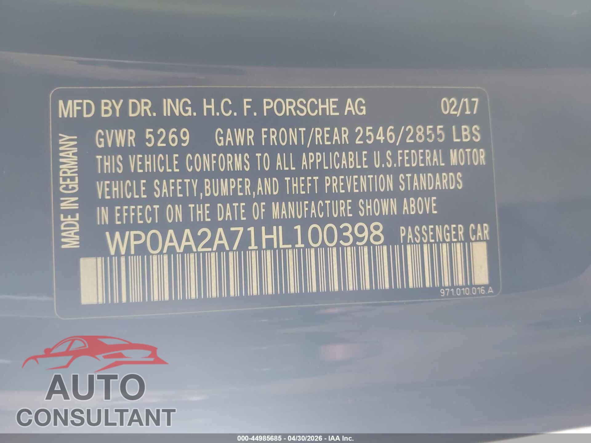 PORSCHE PANAMERA 2017 - WP0AA2A71HL100398