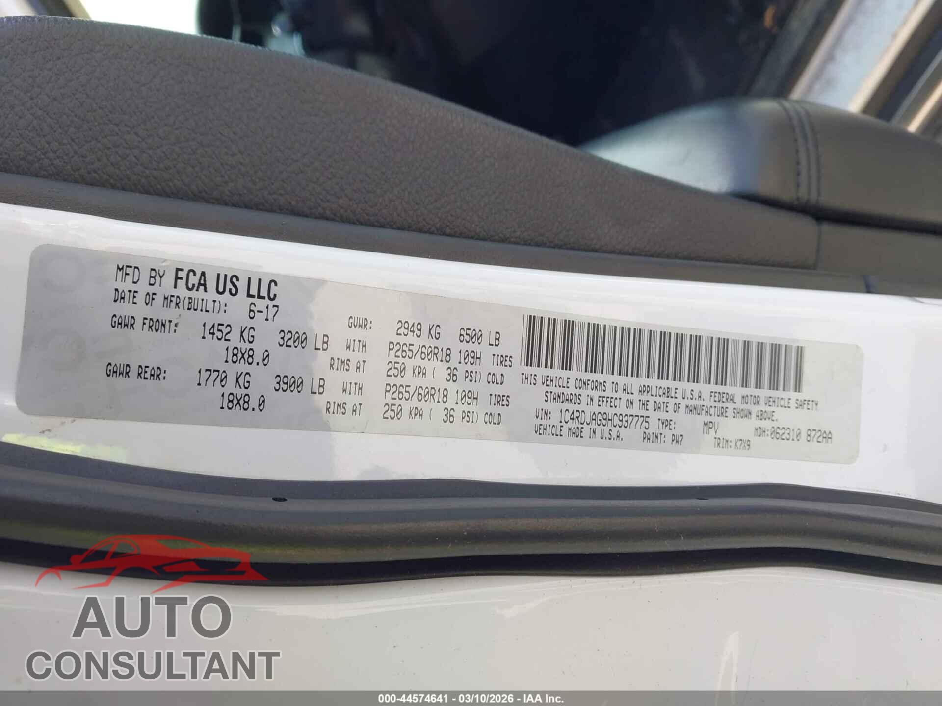 DODGE DURANGO 2017 - 1C4RDJAG9HC937775